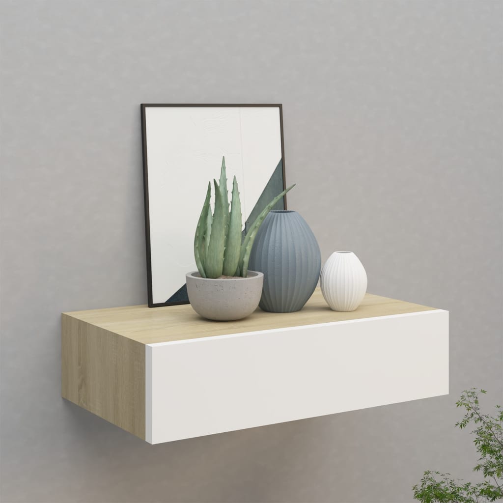 Étagère Murale à Tiroir Blanc 40x23.5x10 Cm | MDF Et Métal | Pour Salon, Rangement Déco | Charge Max 10kg