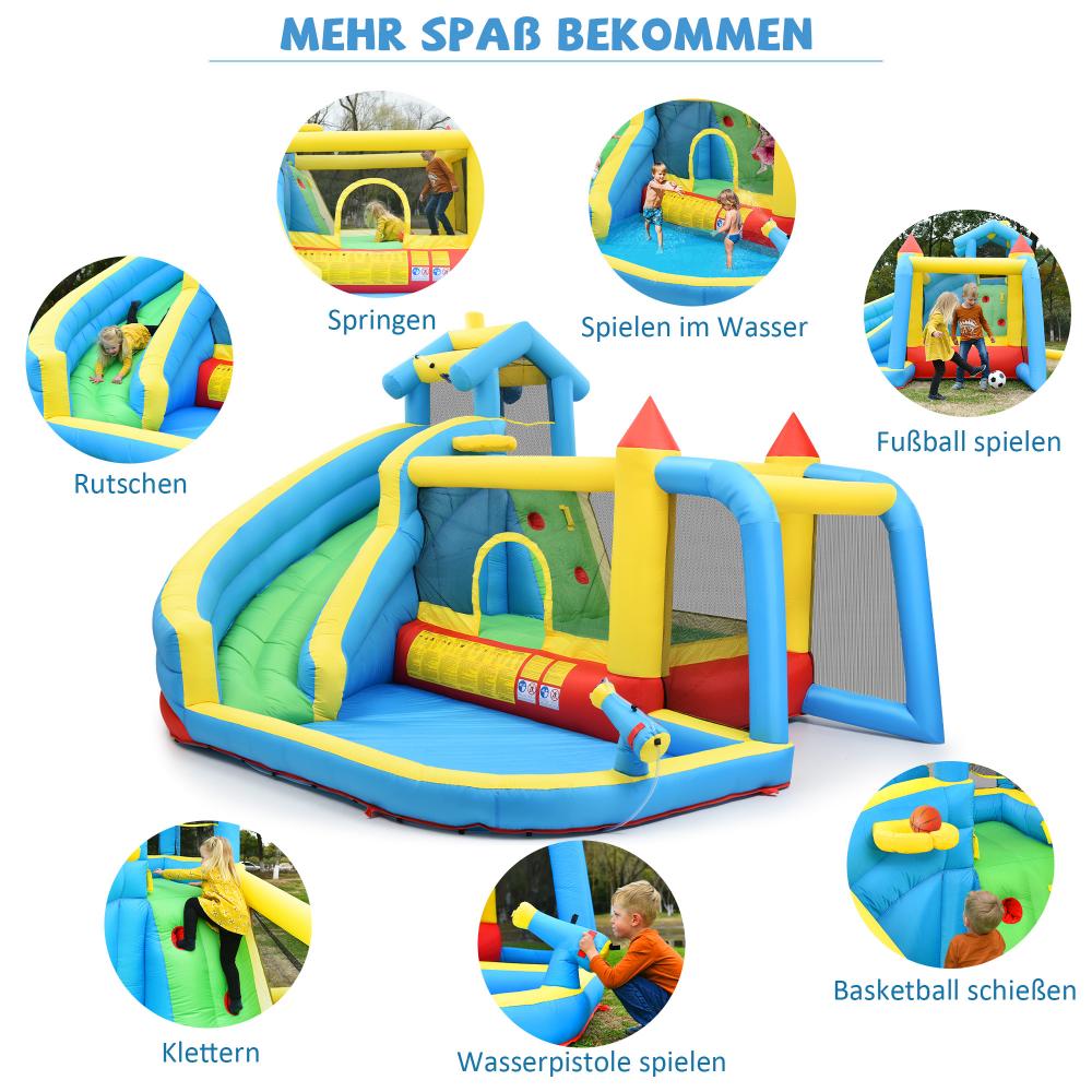 Castelo insuflável 5-em-1 para crianças 3-10 anos – escorrega, piscina, futebol, tamanho 364×315×239 cm. - 5