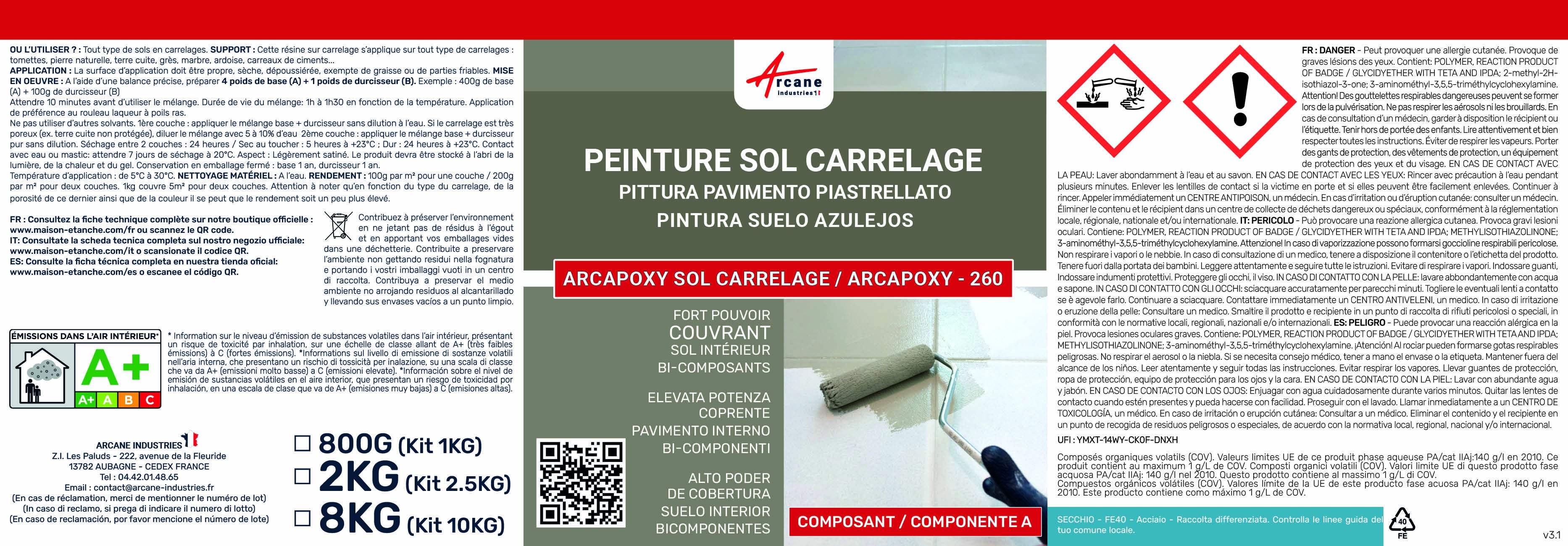 Peinture Résine Sol Carrelage - ARCAPOXY SOL CARRELAGE - 1 kg (jusqu'à 5 m² en 2 couches) Ivoire Clair - RAL 1015 - ARCANE INDUSTRIES - 6