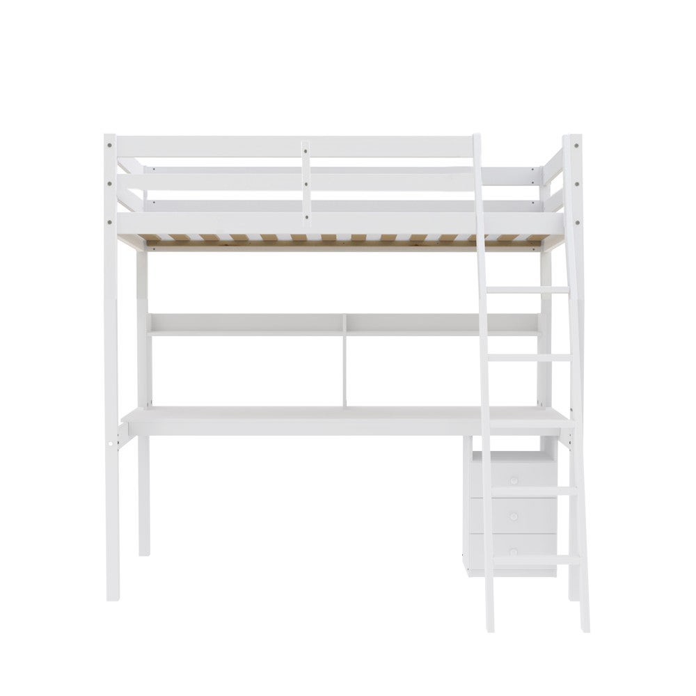 Lit mezzanine STUDIO 90x190 + 1 sommier + caisson 3 tiroirs + bureau + étagère / Blanc - 2