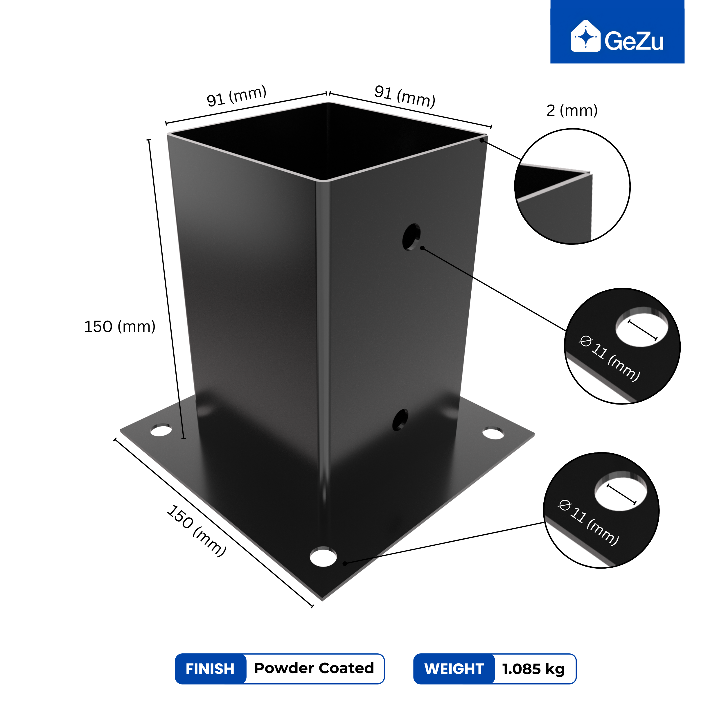 Support Poteau a Visser Revêtement en Poudre Noir 91 x 91 mm pour bois pied platine clôture pergola angle base GeZu Impex - 2