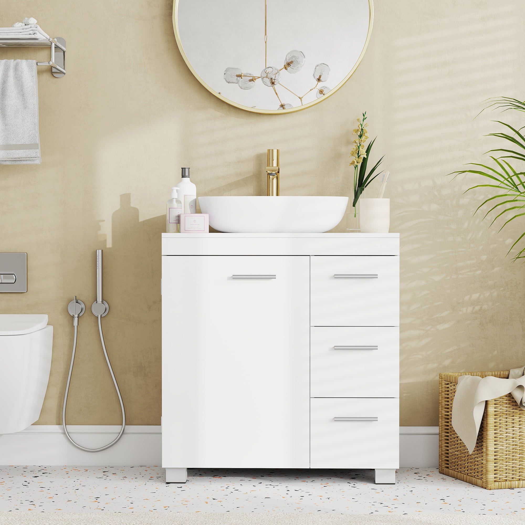 Armoire de Salle de Bain, Meuble Sous Lavabo avec Pieds, 2 Compartiments et 3 Tiroirs, Blanc - 2