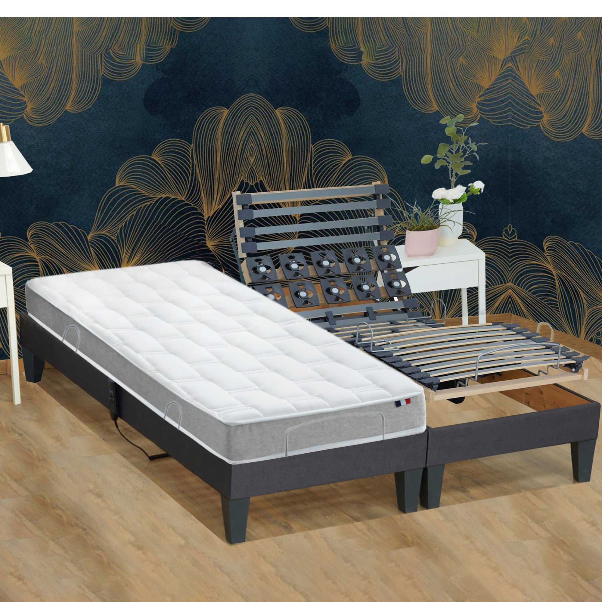 Lit matelas mémoire de forme + sommier avec réglage fermeté au niveau lombaire+Epaule 2x80 x 200 - 2
