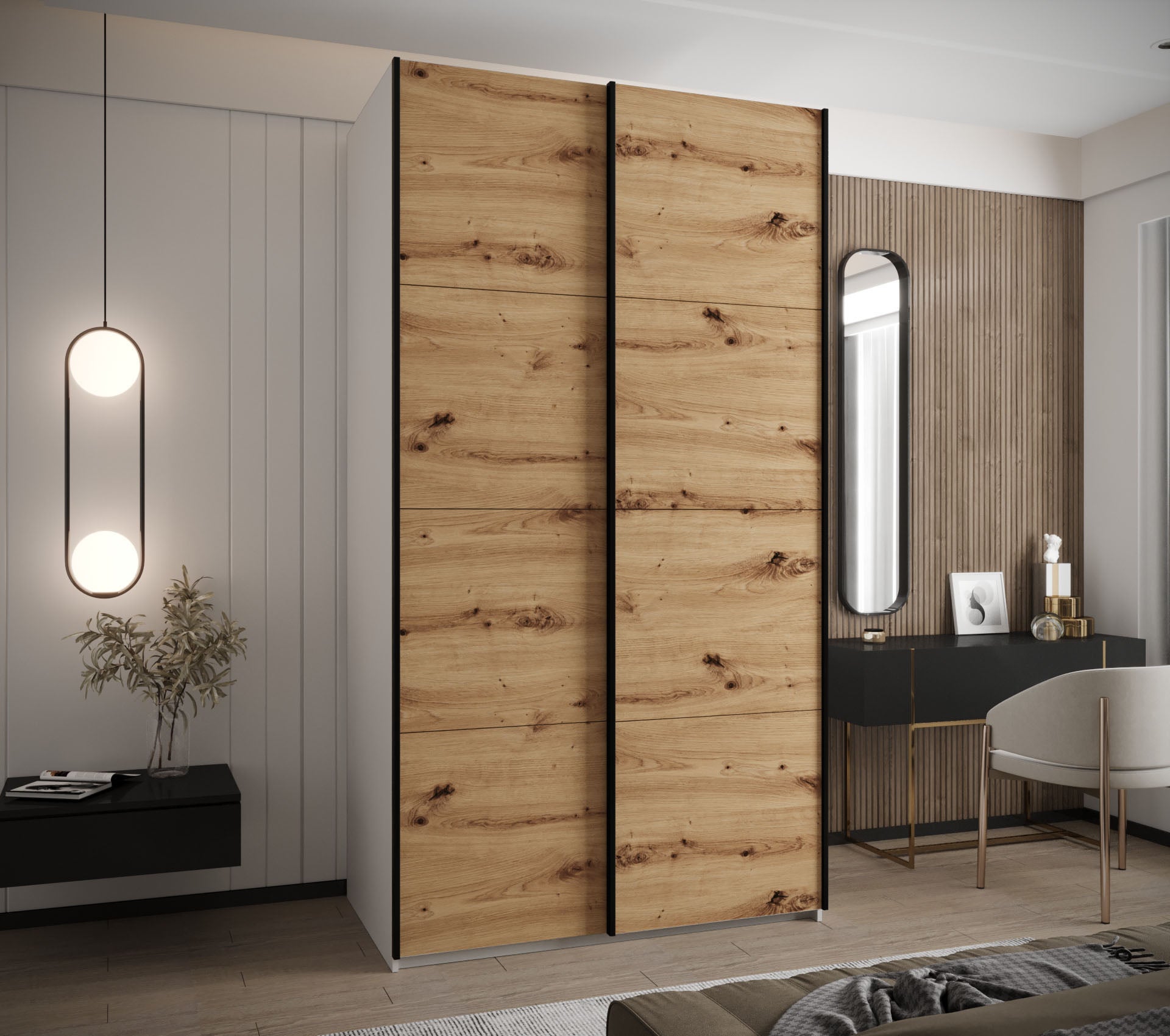 Szafa przesuwna wysoka Lux 1 140 x 64 x 245,5 cm biały + artisan + u. czarny - Abiks Meble - 2