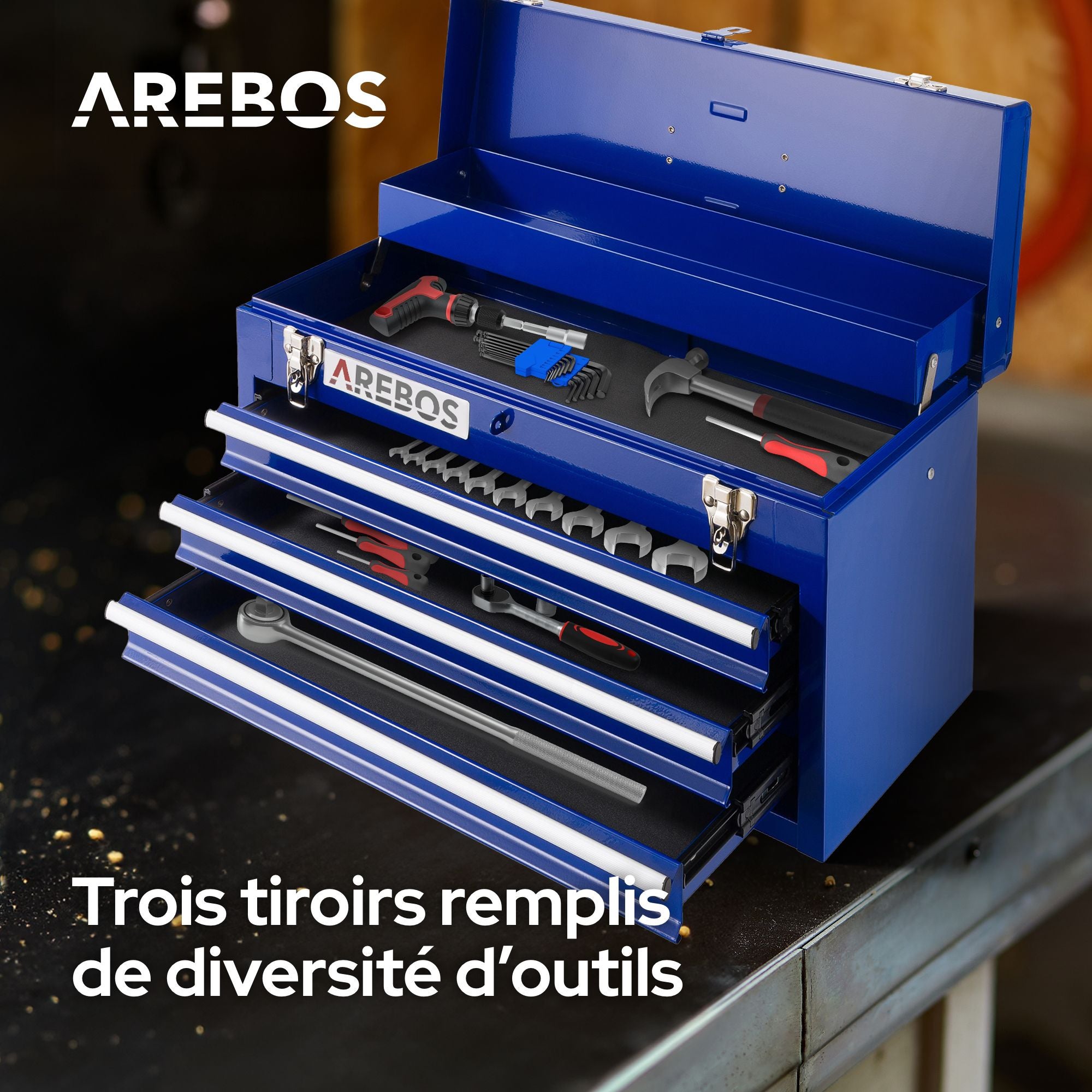 AREBOS Boîte à outils avec 3 tiroirs et 2 compartiments de rangement Bleu Poignée de transport et fermetures à pression Coffret à Outils Tapis - 4