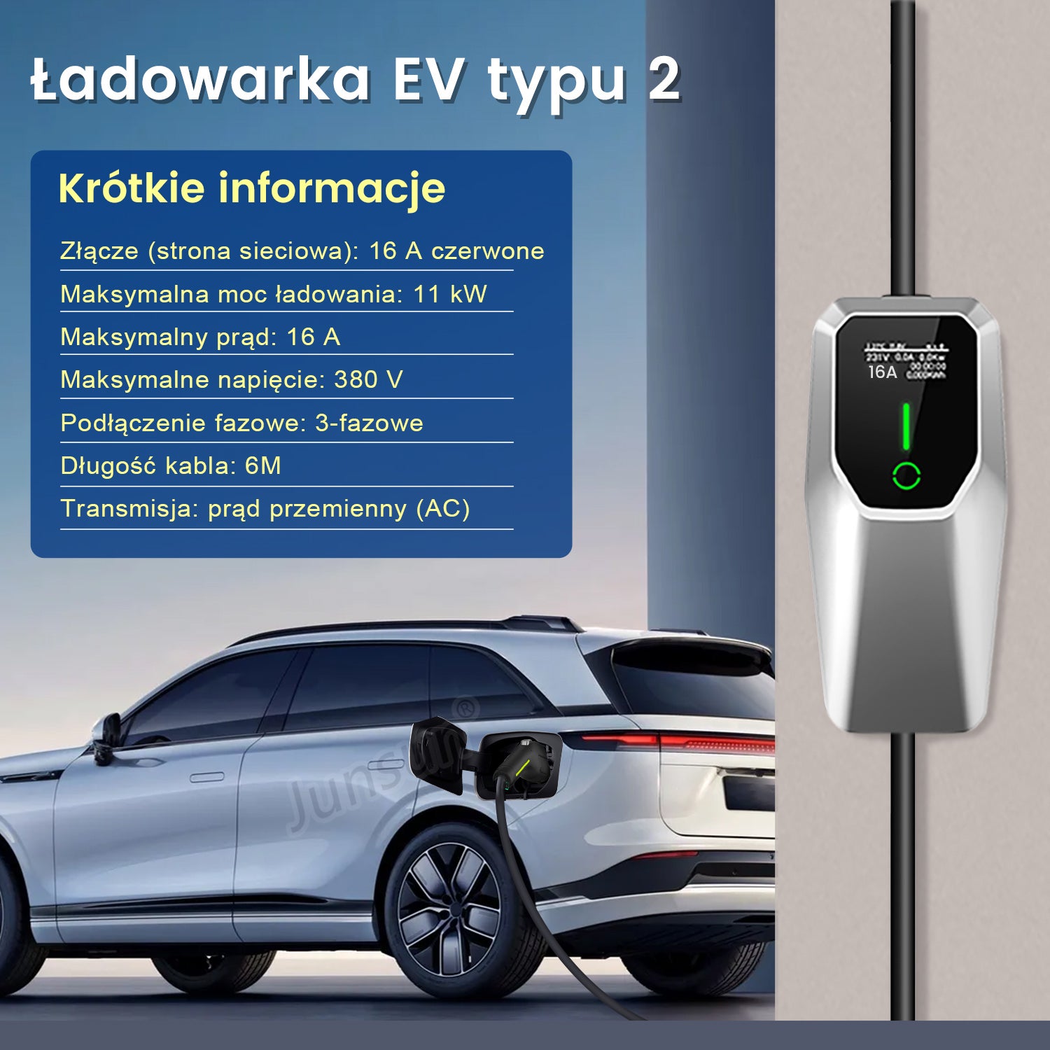 Przenośna Ładowarka EV JUNSUN 11kW | Typ 2 | Kabel 6m | IP67 | Regulacja 6-16A - 2