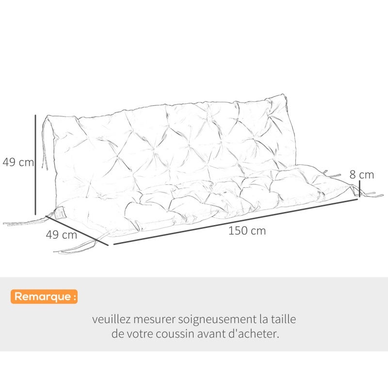 Coussin de banc matelas assise dossier pour banc de jardin coussin balancelle canapé 3 places grand confort 150 x 98 x 8 cm gris - 6