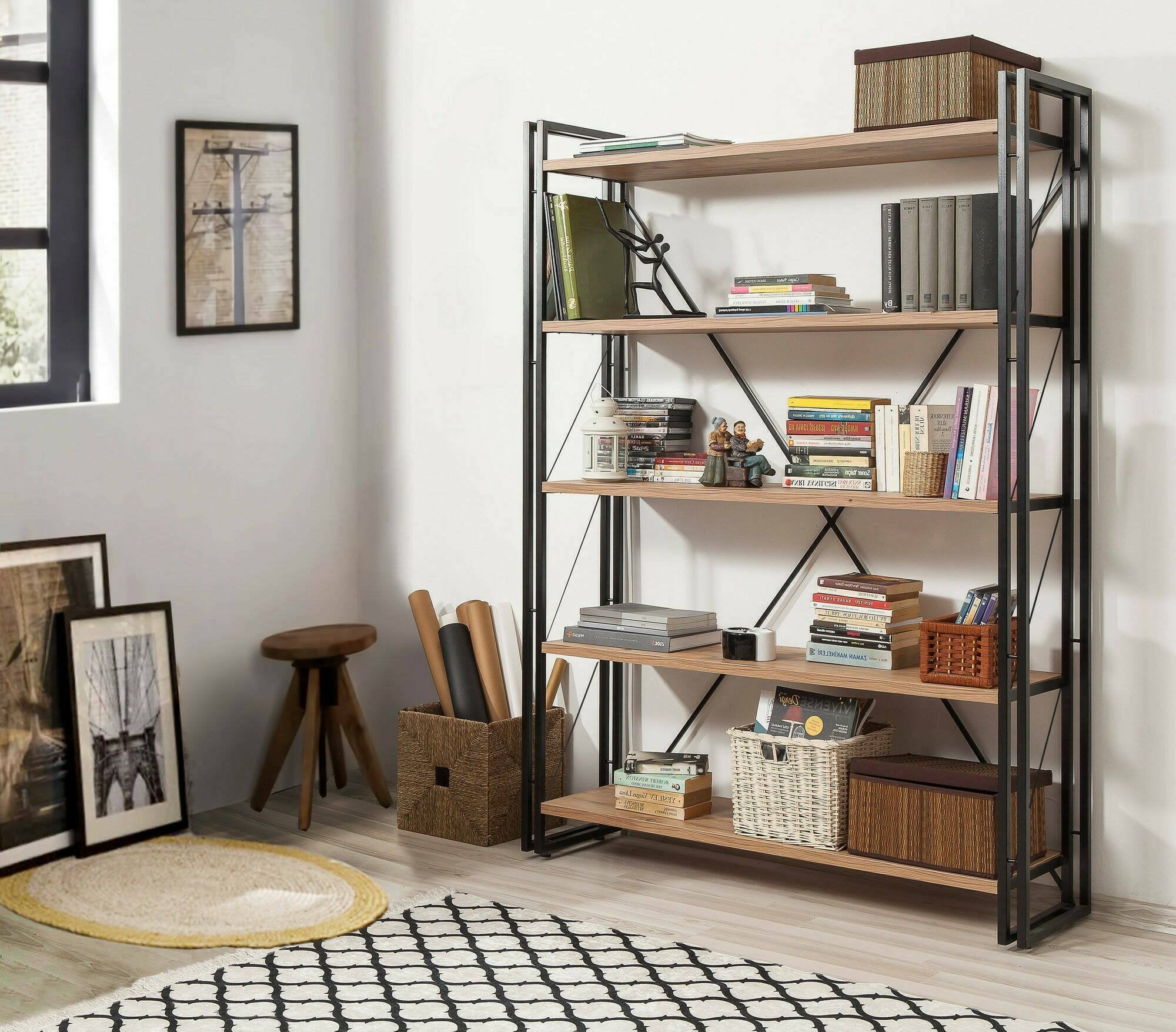 Libreria Sol, Scaffale da ufficio, Mobile portalibri, Biblioteca, 130x35h180 cm, Quercia e Nero - 2