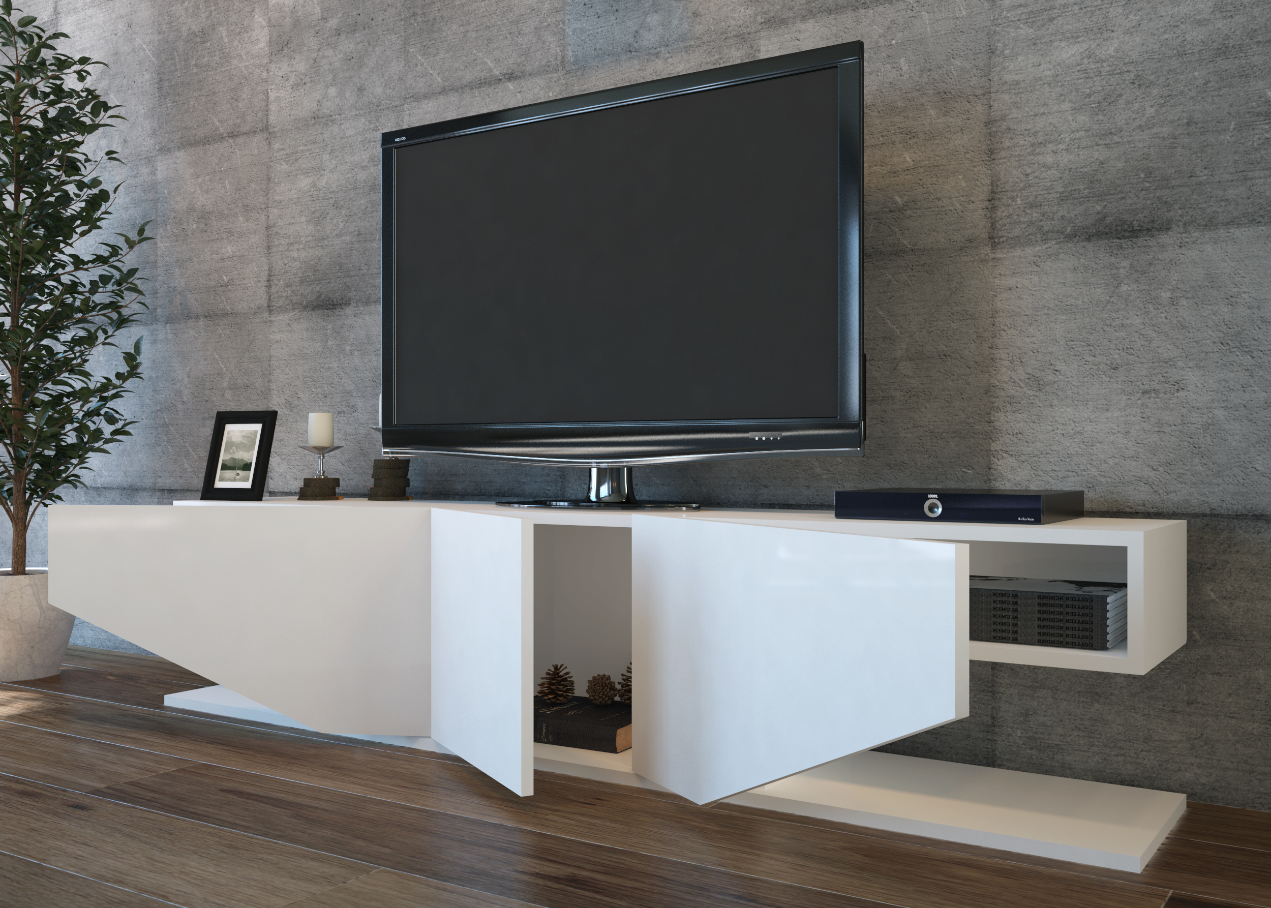 Meuble tv Incia de 180 cm avec 3 armoires - Banc TV (blanc brillant) - 2