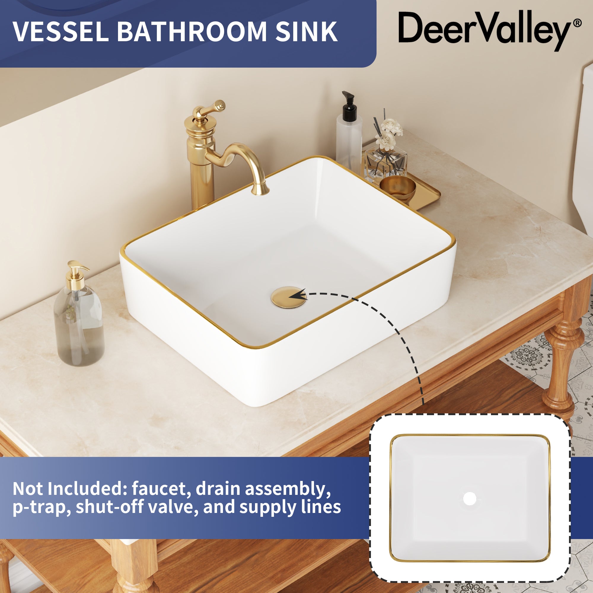 Vasque à poser rectangulaire en céramique Blanc avec des bords dorés 48 x 37 x 14cm – Pour salle de bain – DeerValley - 6