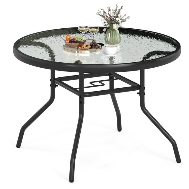 Table Jardin Exterieur Ø70x45,5CM, Table d'Appoint Ronde avec Plateau en Verre Ondulé, Trou pour Parasol pour Patio, Jardin, Cour,Charge 50KG