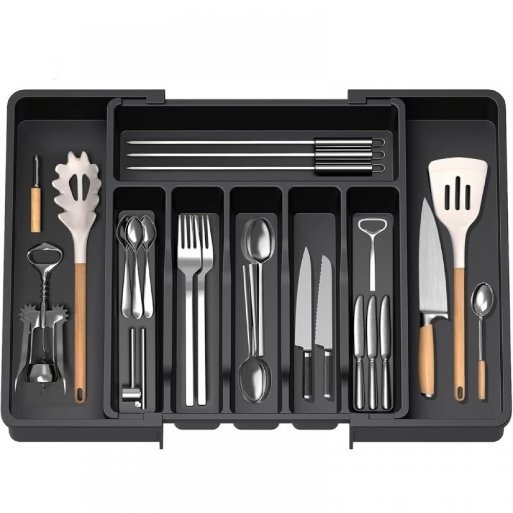 Rozkładana tacka na sztućce, regulowany organizer do szuflady kuchennej, kompaktowe plastikowe pudełko do przechowywania, czarny