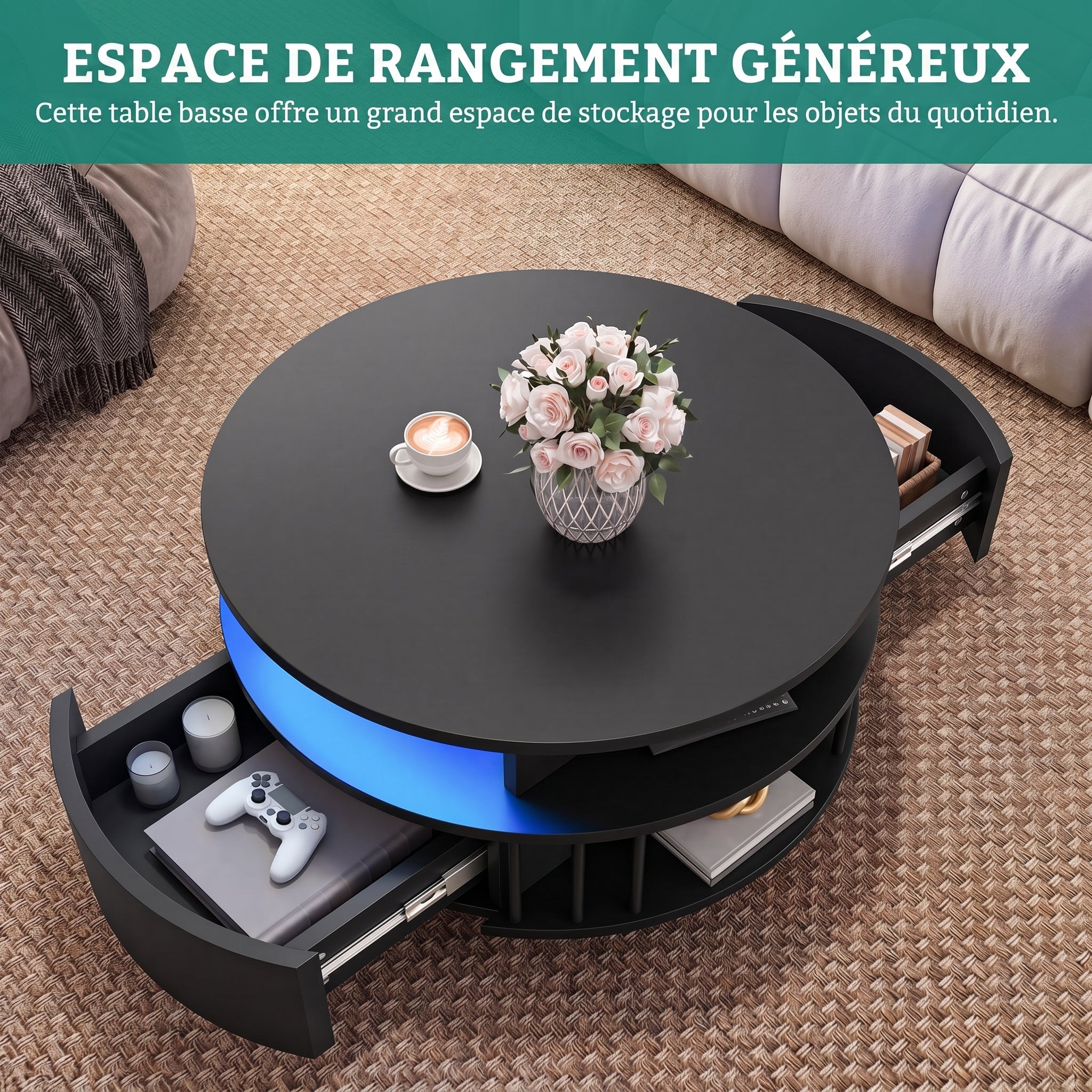 YITAHOME Table Basse Ronde Moderne LED 70cm, 2 Niveaux et 2 Tiroirs, Design Canné, Table d'Accent Salon, Noir - 5