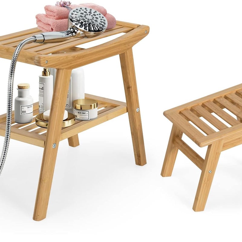 Stołek i Prysznic Bambusowy z Regałem do Rzeczy, Wielofunkcyjny Stołek z 2 Poziomami i Antypoślizgowymi Nakładkami, Max. Obciążenie 150 kg, Naturalny