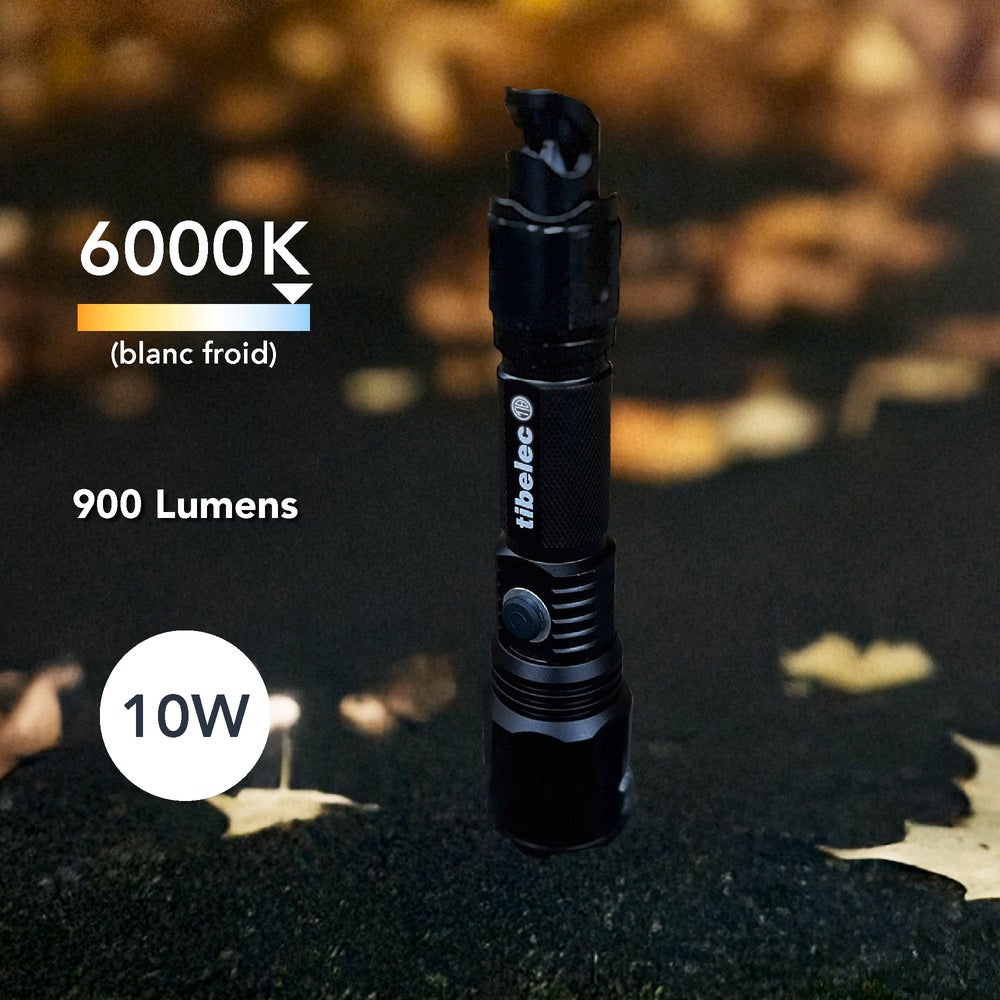 Lampe Torche LED rechargeable USB, 10W, 900 lumens, IP44, IK07, fonction brise vitre, decapsuleur, power bank - Tibelec - 7