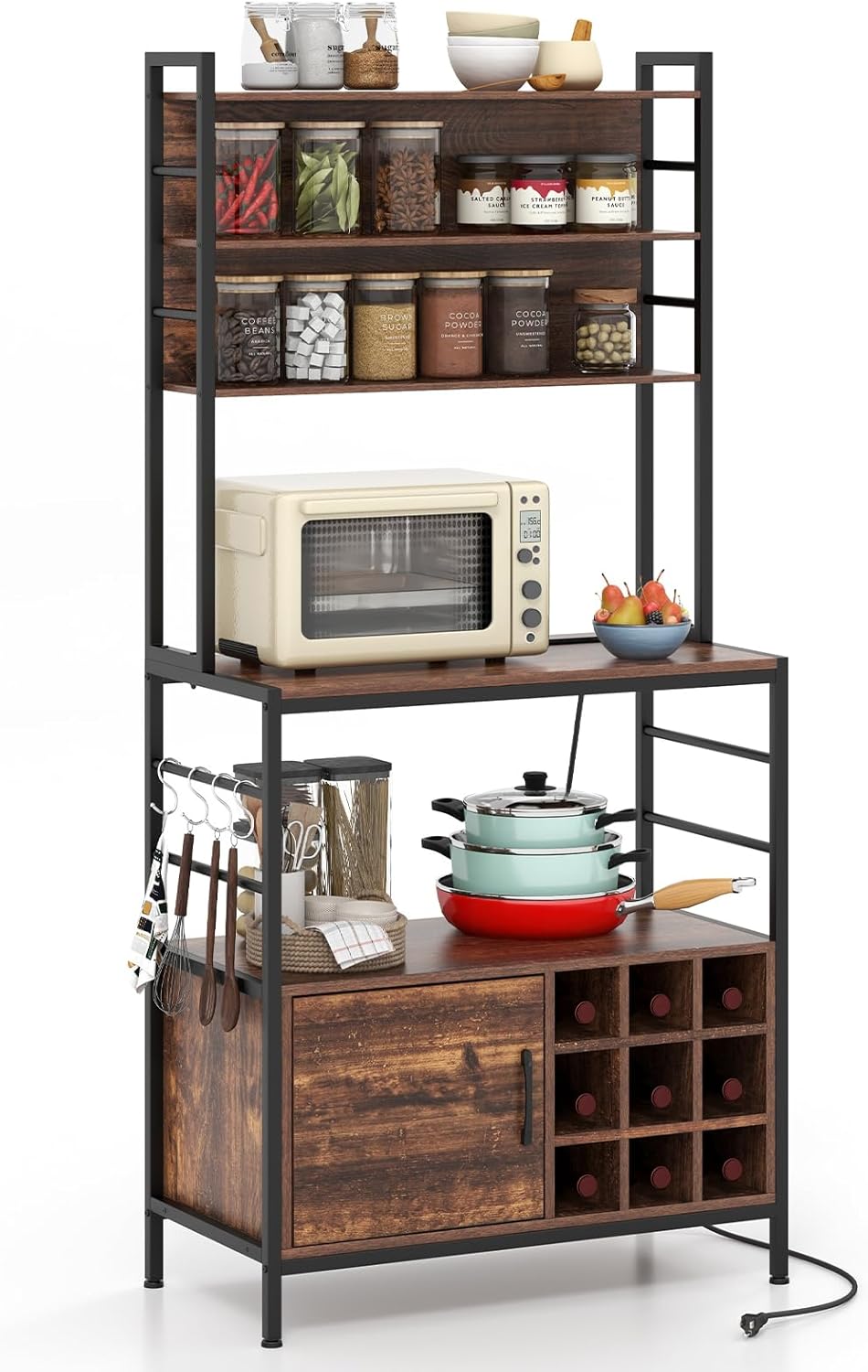 Regał kuchenny z gniazdkiem, regał na wino na 9 butelek, regał stojący z szafką, otwartymi półkami i haczykami, regał na piekarnik do kuchni, 80