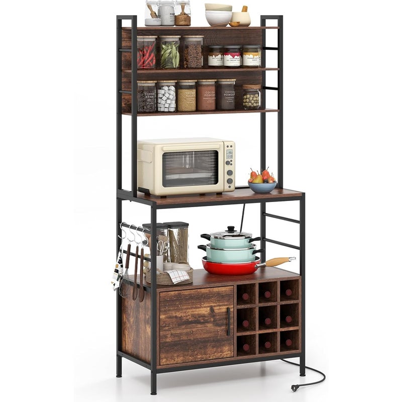 Regał kuchenny z gniazdkiem, regał na wino na 9 butelek, regał stojący z szafką, otwartymi półkami i haczykami, regał na piekarnik do kuchni, 80