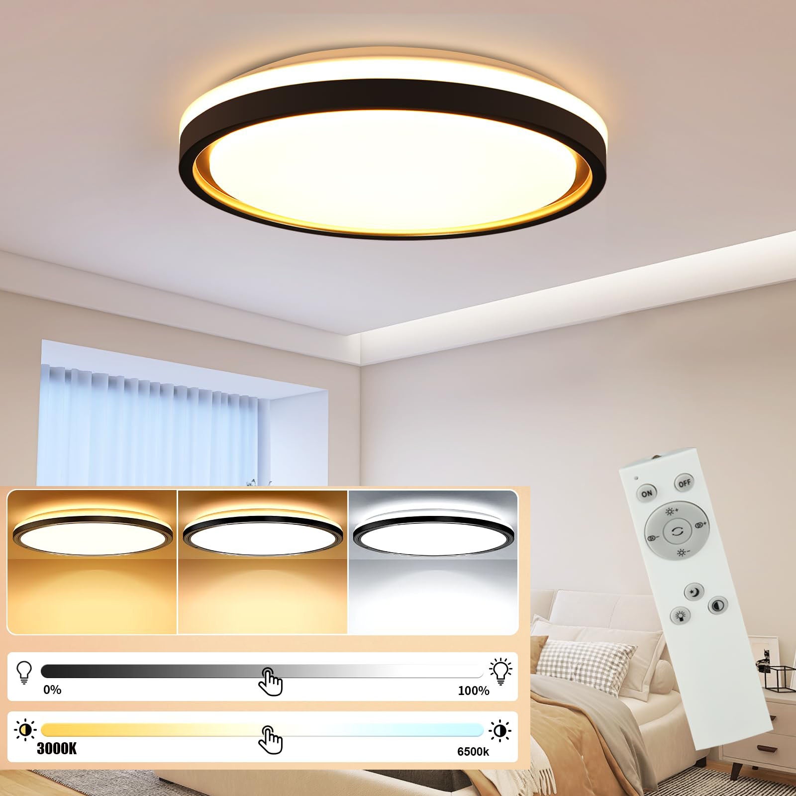 Lampa sufitowa LED z pilotem, temperatura barwowa 3000K-6500K, średnica 40 cm, moc 26 W, sterowanie pilotem, odpowiednia do sypialni, kuchni i jadalni