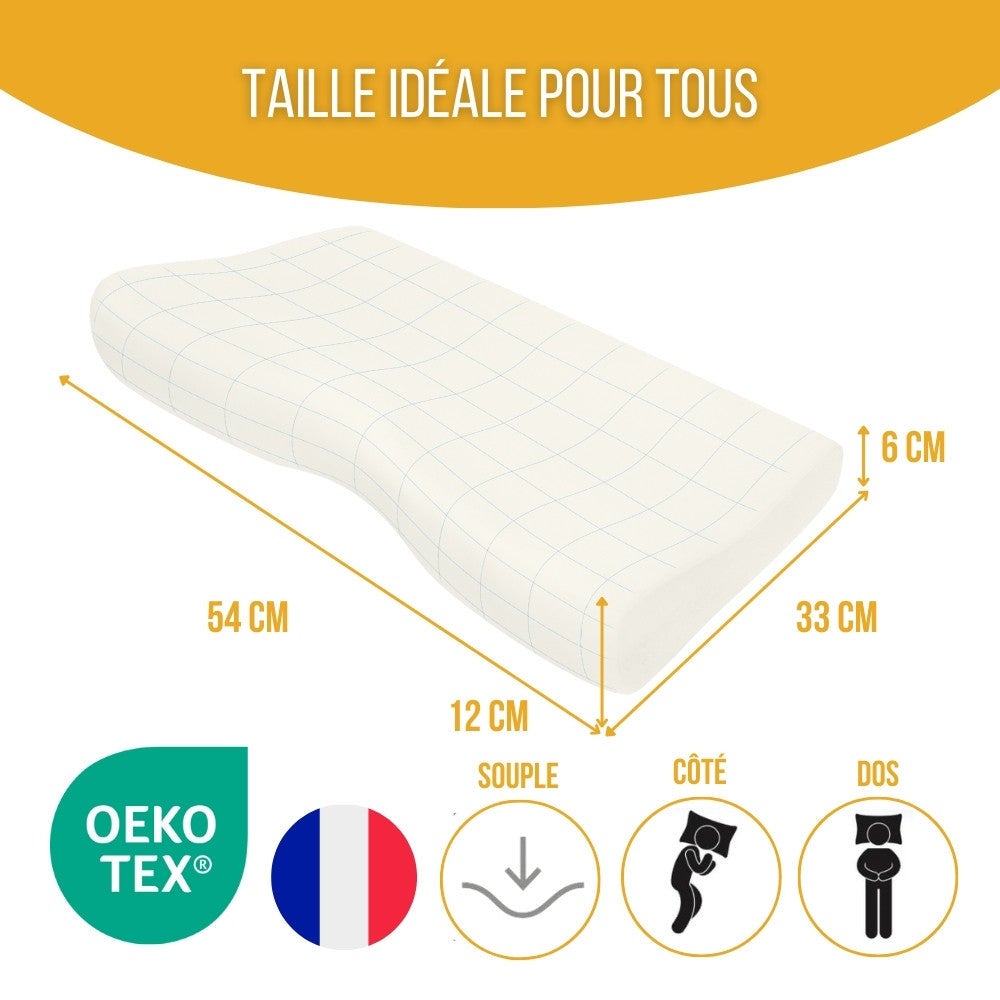 Oreiller Ergonomique Cervical en Mousse à Mémoire - taie d'oreiller en coton - 54x33x12 - CONFORT PLUS - 5