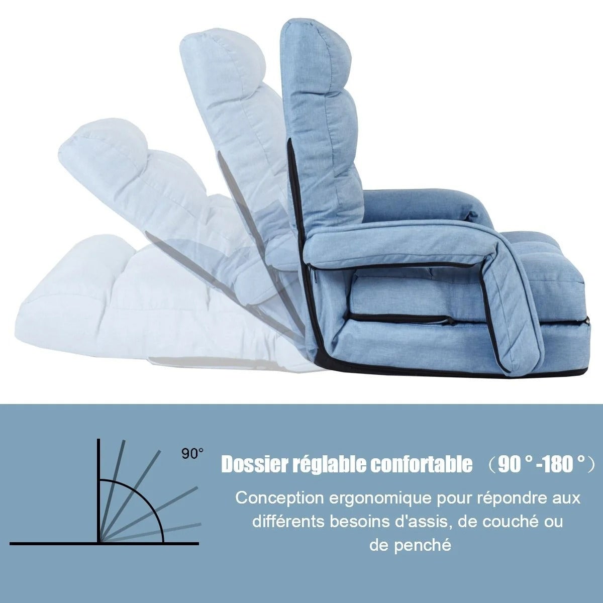 Fauteuil convertible chauffeuse convertible 1 place en tissu avec oreiller 5 positions bleu 20_0000627 - 4