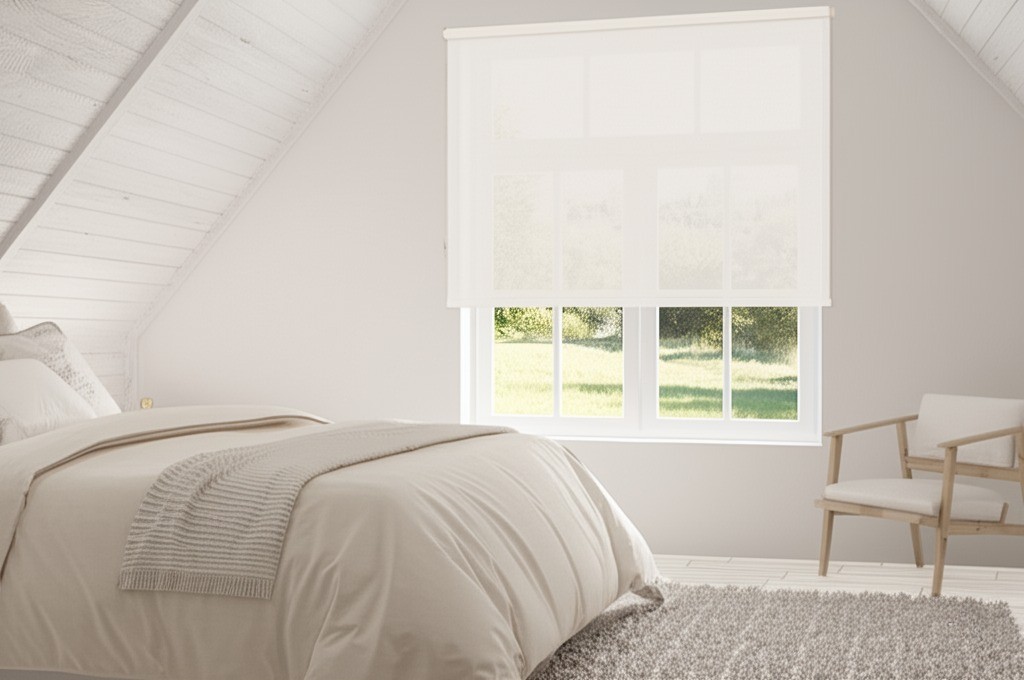 Estor enrollable viewtex screen grado de apertura 5% blanco lino 120 x 250cm