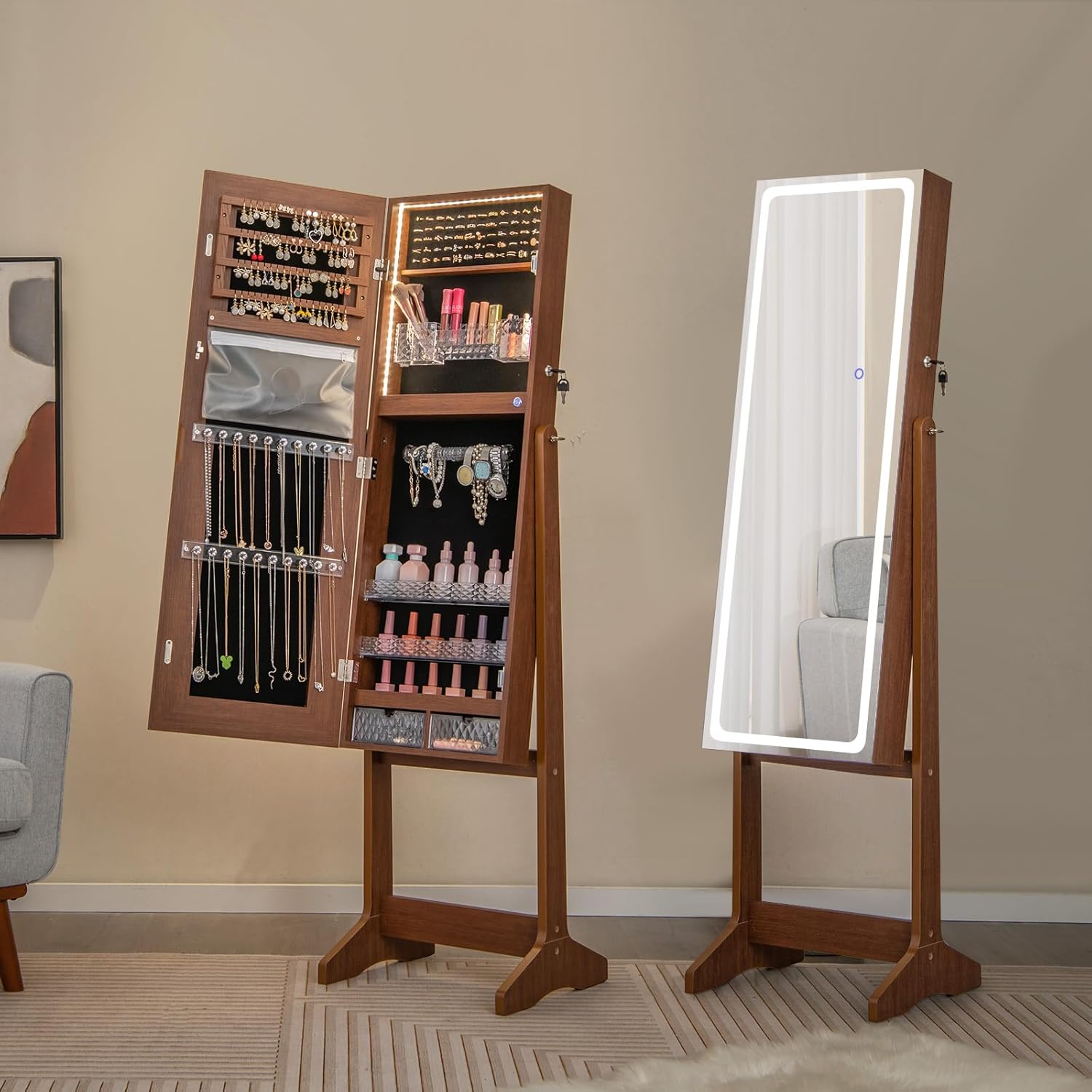 Armoire à Bijoux avec Miroir, Armoire de Rangement sur Pied pour Boucles d'Oreilles, Organisateur de Bijoux Verrouillable avec Lumières(Brun) - 8