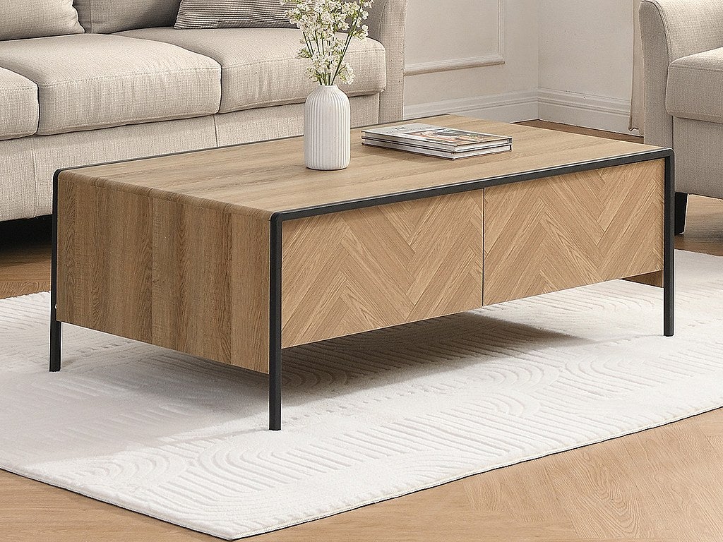 Stolik kawowy z 2 szufladami z MDF i stali - Naturalny jasny i Czarny - TUMACO