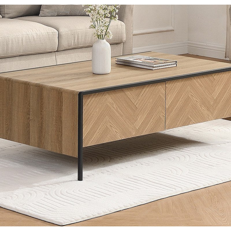 Stolik kawowy z 2 szufladami z MDF i stali - Naturalny jasny i Czarny - TUMACO