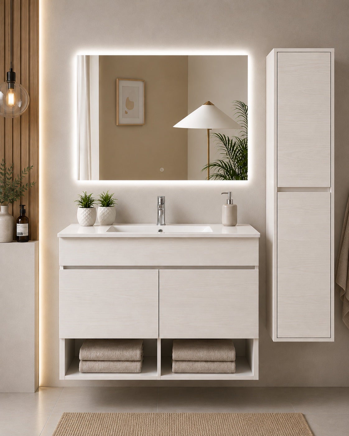 Mobilier de baie suspendat cu lavoar ORIGENBATH NEBARI cu uși cu coloană 70x45 cm alb nordic cu coloană