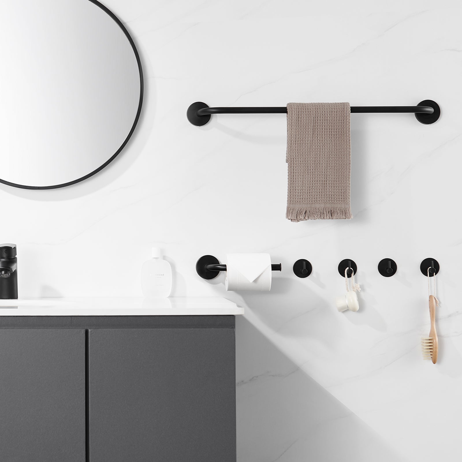 Auralum Max Ensemble Salle Bain Accessoire 6 Pièces,Auto-adhésif ou percer,Porte-Serviettes,Porte-Papier Toilette,Crochet Mural,en Inox,Noir Mat - 6