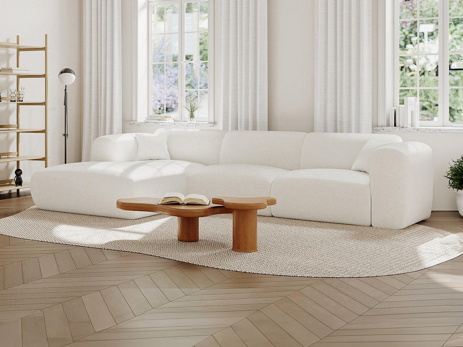 Duża kanapa narożna lewostronna z białej tkaniny bouclette POGNI marki Maison Céphy