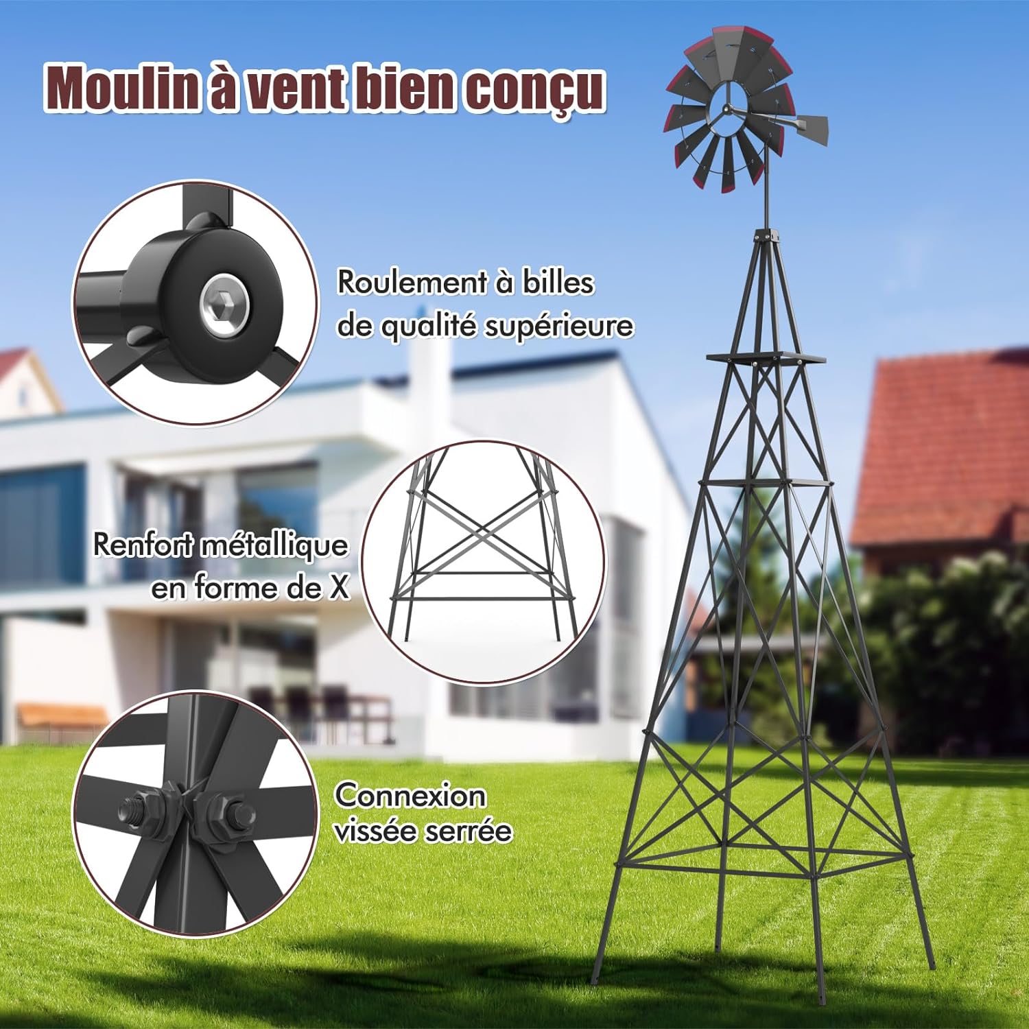 Moulin à Vent Géant de Jardin 253 cm, Moulin à Vent Ornemental en Métal Tout Temps (Gris) - 5