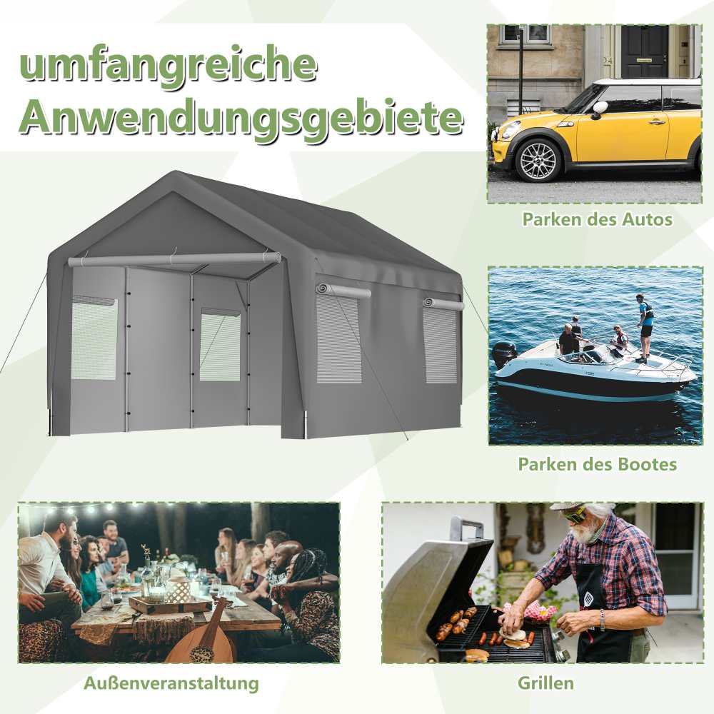 Tente Garage Carport 3x6m - Gris, Fenêtres Coulissantes, Murs et Toit Amovibles - 6