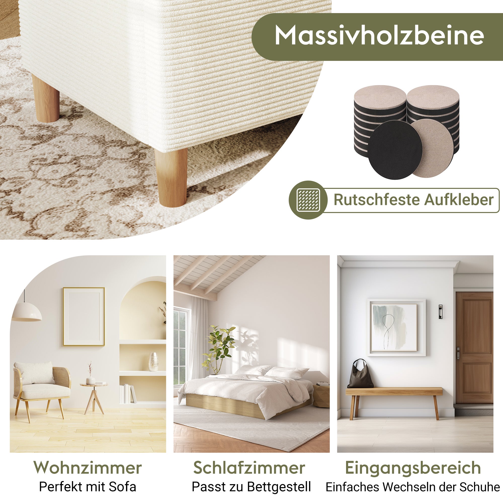 Banc coffre de rangement en velours côtelé, banquette de lit - 165 x 38 x 46 cm - pour chambre, salon et couloir - Beige - 6