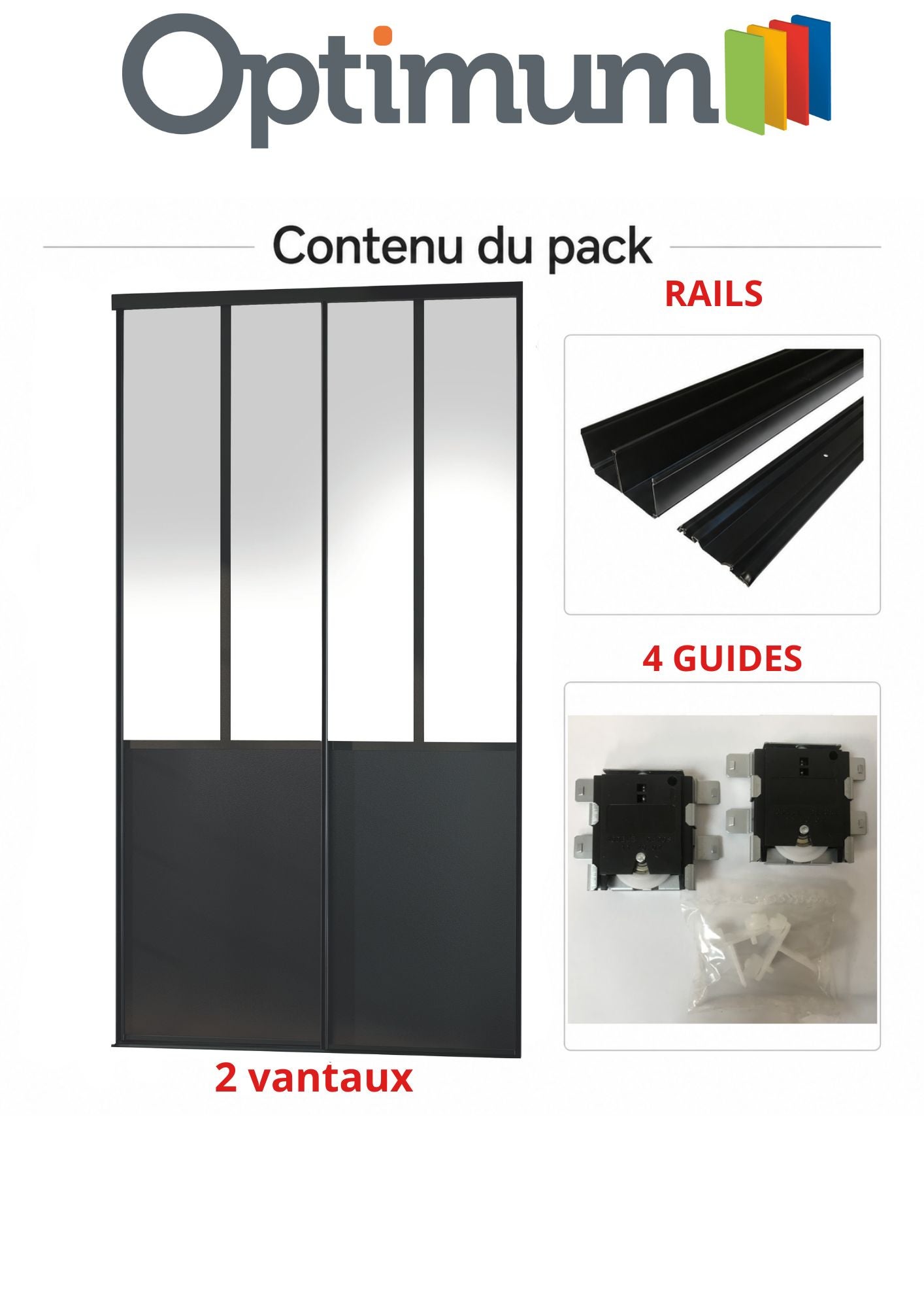 Pack de 2 portes de placard coulissantes, décor atelier noir, verre dépoli blanc, rails noirs, H 2500 x Largeur totale 1200 mm - 4