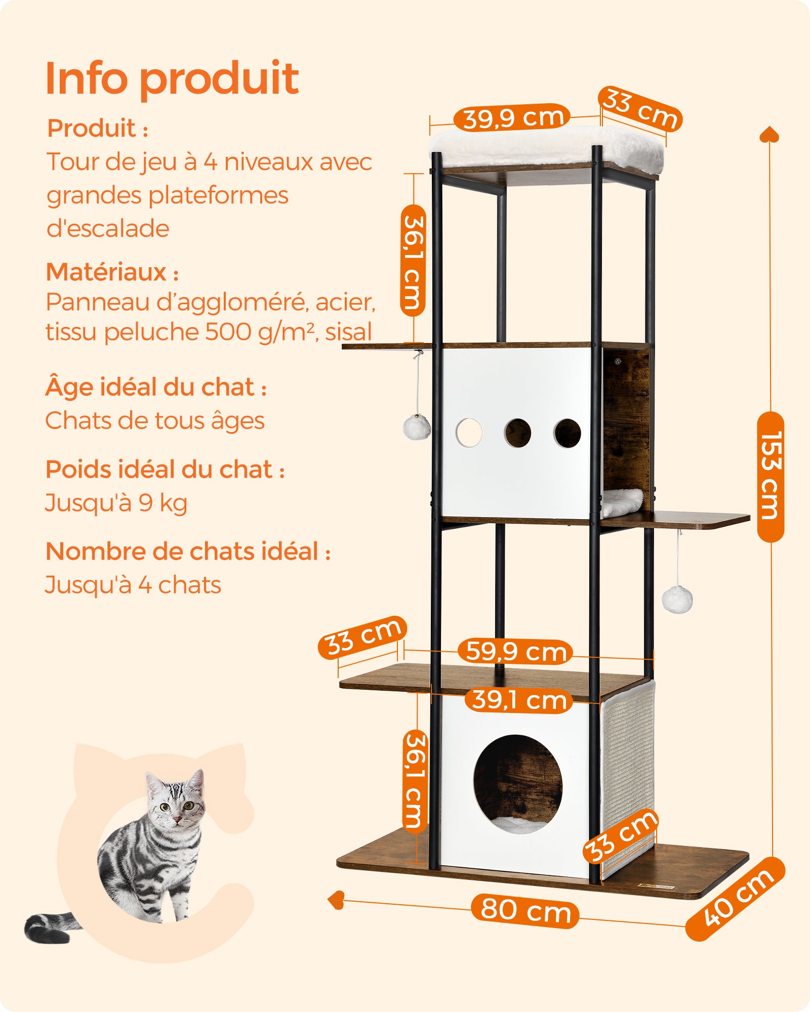 Arbre à Chat, 153 cm, avec Griffoirs, Coussins Amovibles et Lavables, Grandes Plateformes, Marron Rustique - 4