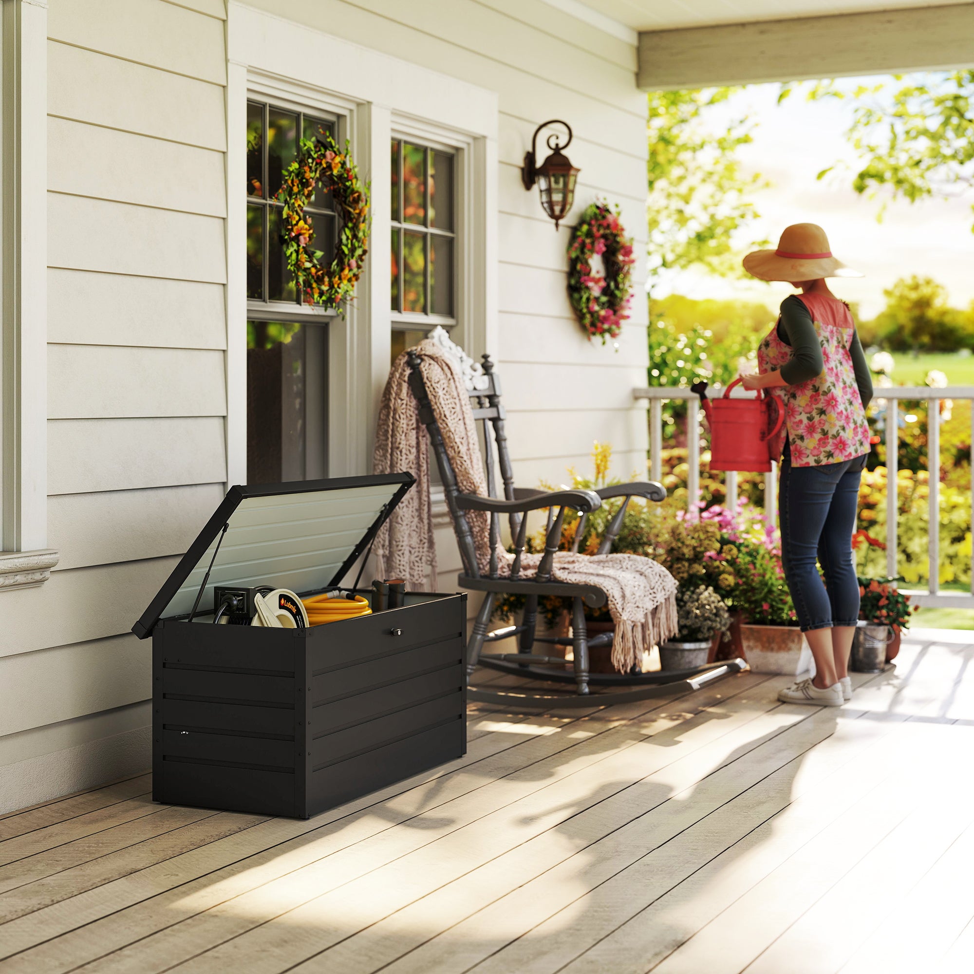 Outsunny Panca Baule Contenitore da Giardino con Chiave, Cassapanca Moderna in Acciaio, Grigio, 120x62x62cm - 8