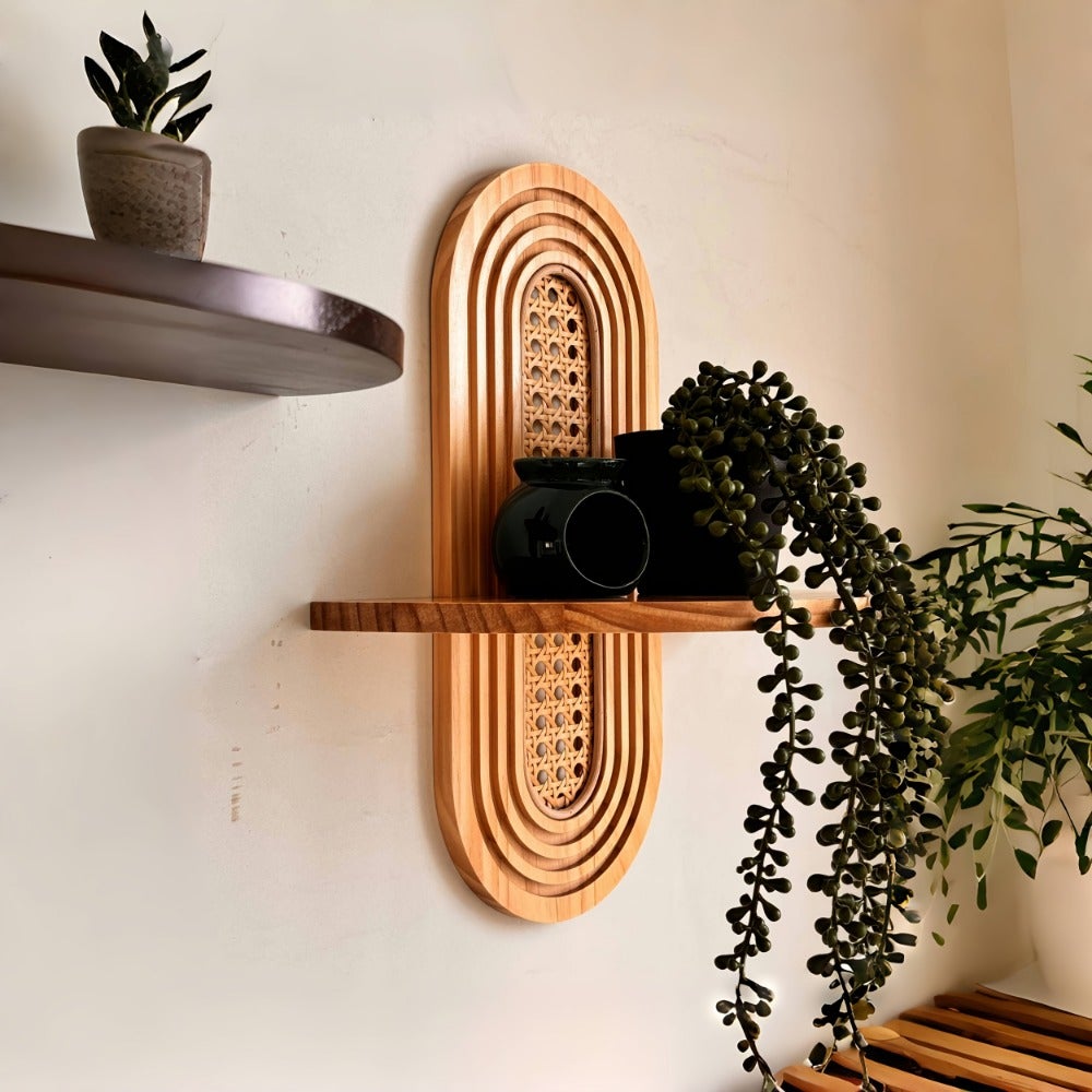 Etagère Murale Moderne En Rotin, Étagère Suspendue Bohème, Décoration Murale Arquée Pour Chambre À Coucher Et Salon, Couleur Bois Originale - 2