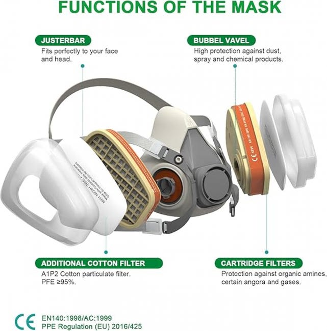 Masque de protection A1P2 avec lunettes de sécurité et 10 filtres pour la peinture, la résine époxy, le bricolage, le ponçage, le soudage et la prote - 3