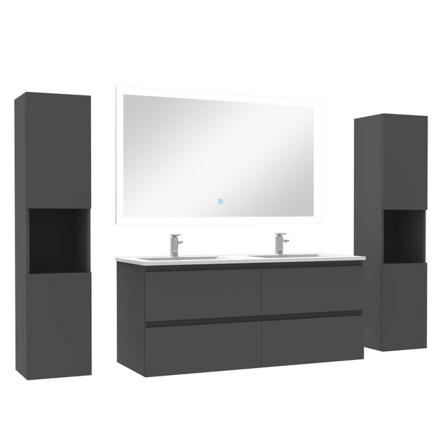 Ensemble meubles Salle de Bain 120cm vasque et colonnex2 et LED miroir Anthracite
