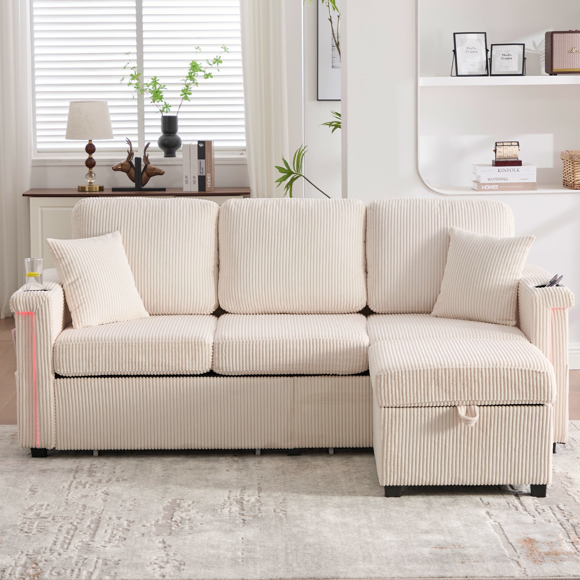 Canapé velours premium beige - Éclairage LED + port USB-C - Repose-pieds rangement + porte-gobelets - Salon/bureau - 3