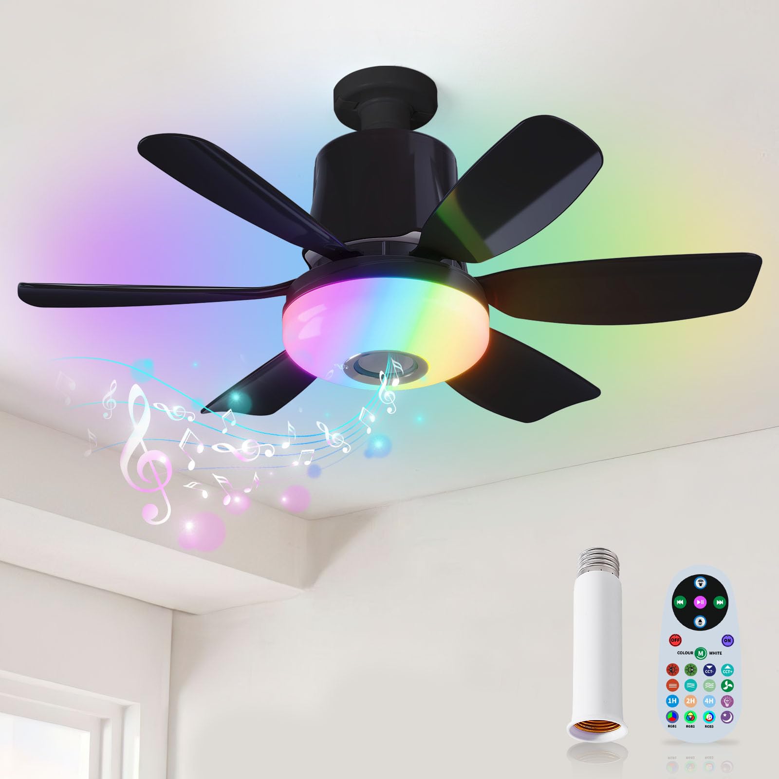 Nowoczesny wentylator sufitowy z oświetleniem i przedłużką - 3 temperatury barwowe, 3 prędkości wiatru, 3 tryby RGB, timer, czarny