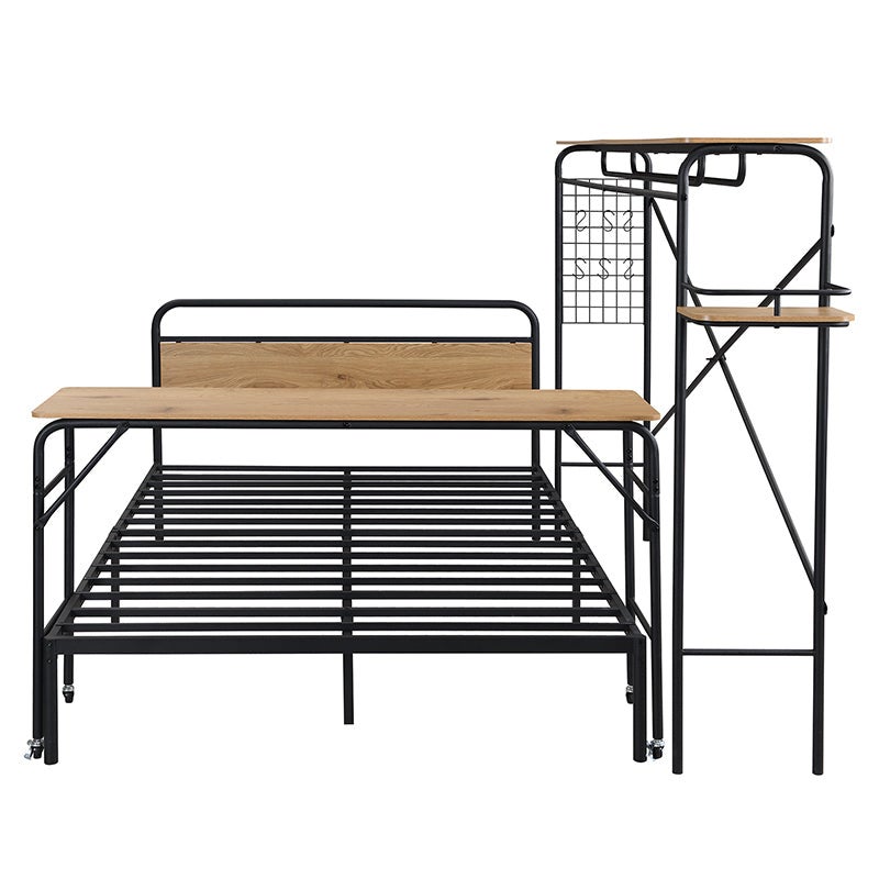 Lit en métal noir avec table, portemanteau vertical et armoires de rangement - 2