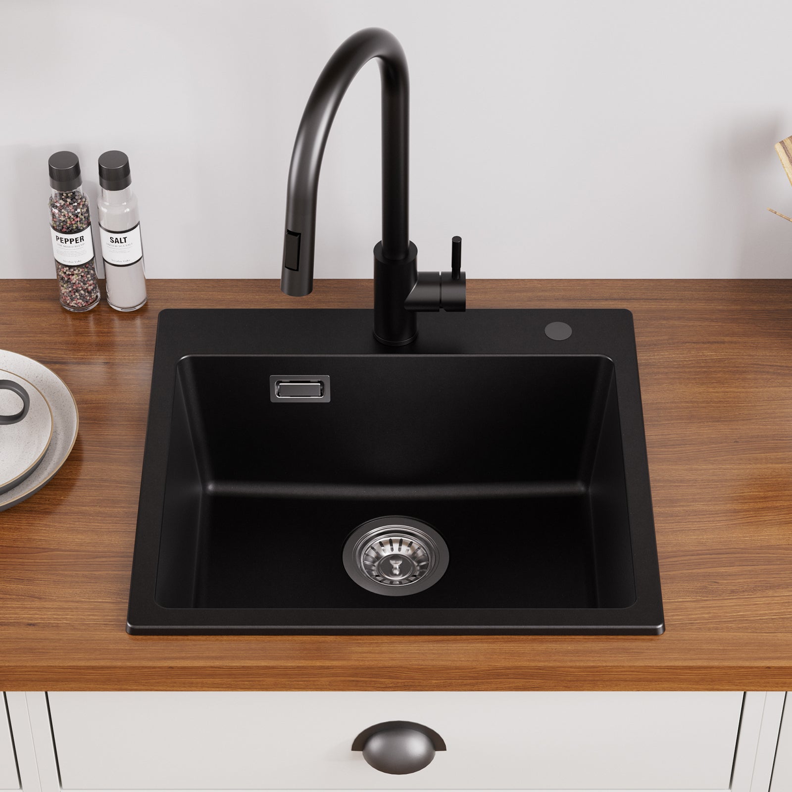 Fregadero de cocina Auralum max 50x45cm en granito Fregadero de 1 seno en fregadero sobre encimera negro - 3