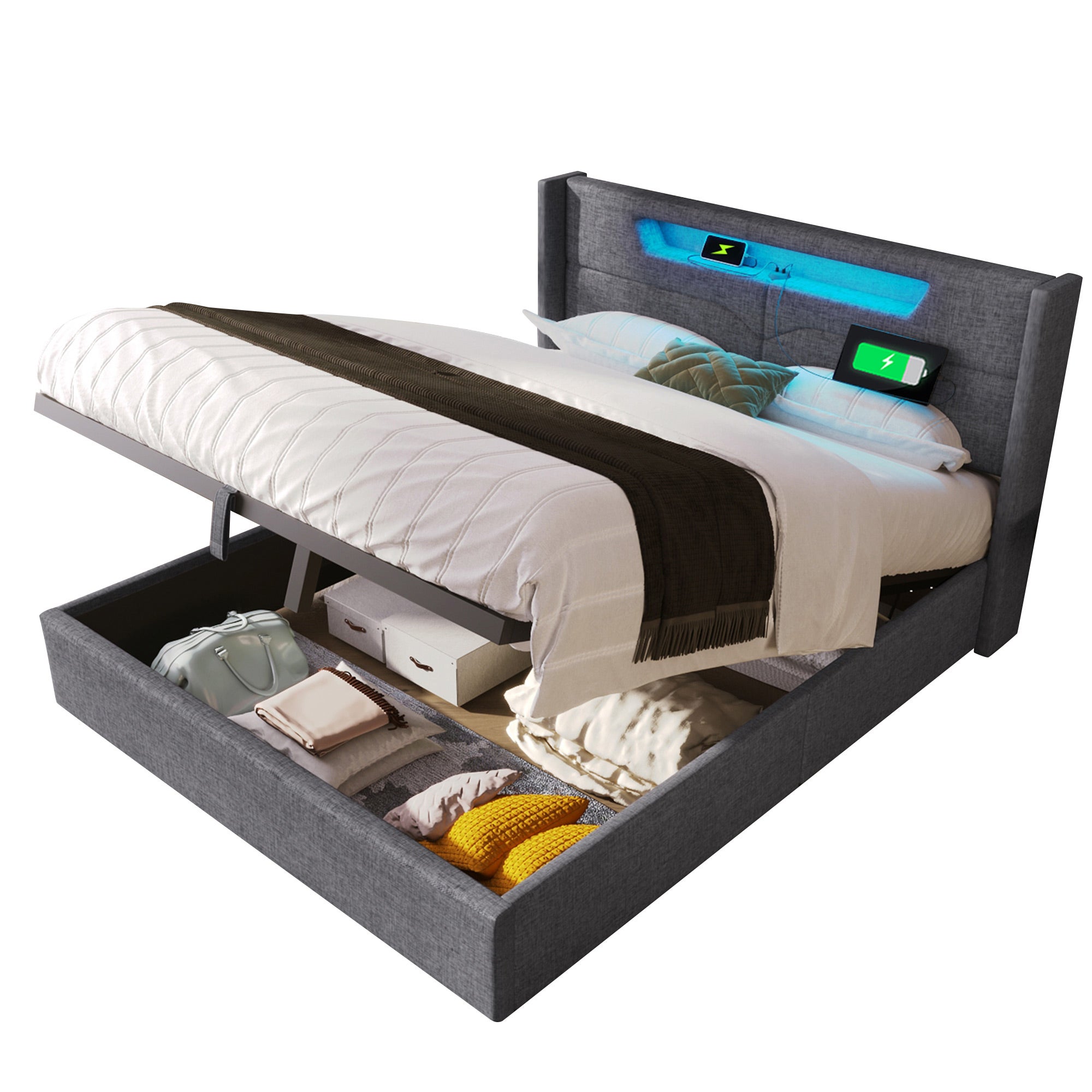 Cama arcón doble, lino, carga USB tipo C e iluminación LED, (140 x 200 cm, gris, sin colchón) - 7