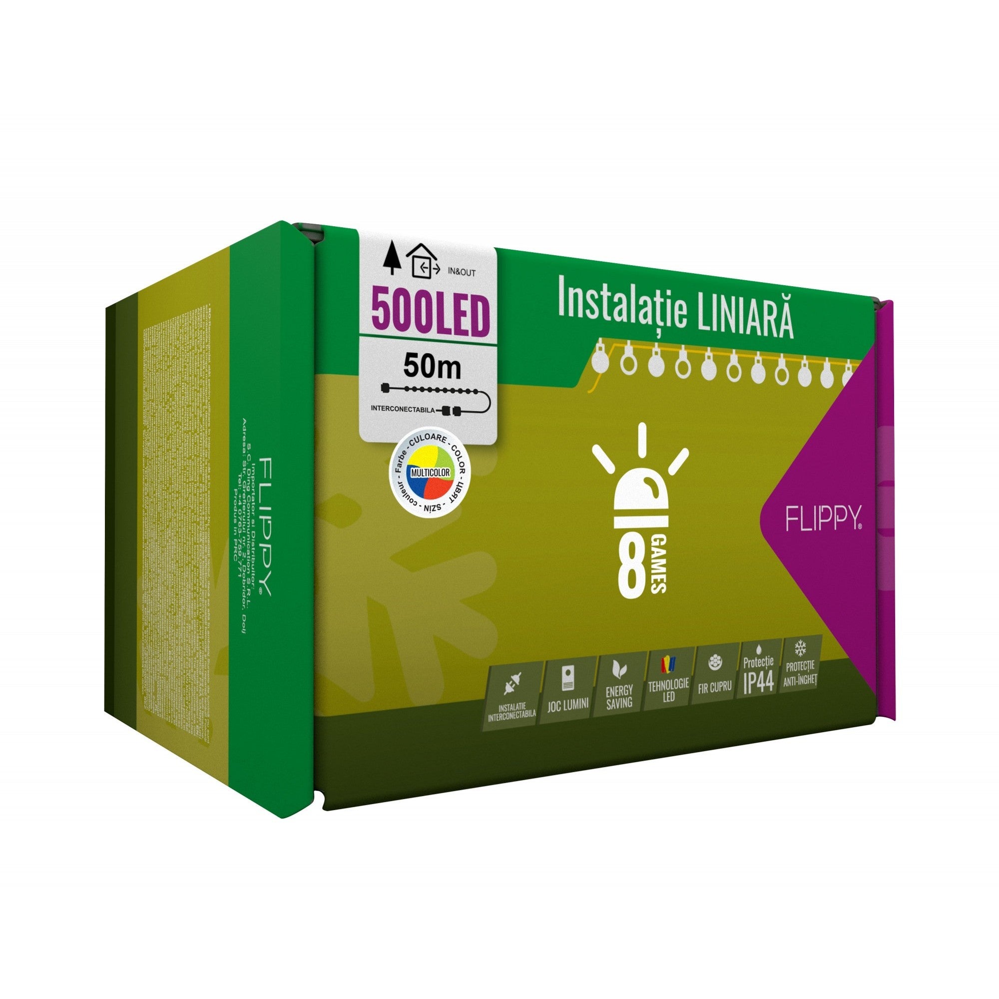 Flippy Instalatie Craciun, 50 m, 500 Led-uri, Liniara, Multicolor, 8 jocuri, Transformator, Interconectabila, Prelungitor 3 m inclus, Fir Verde