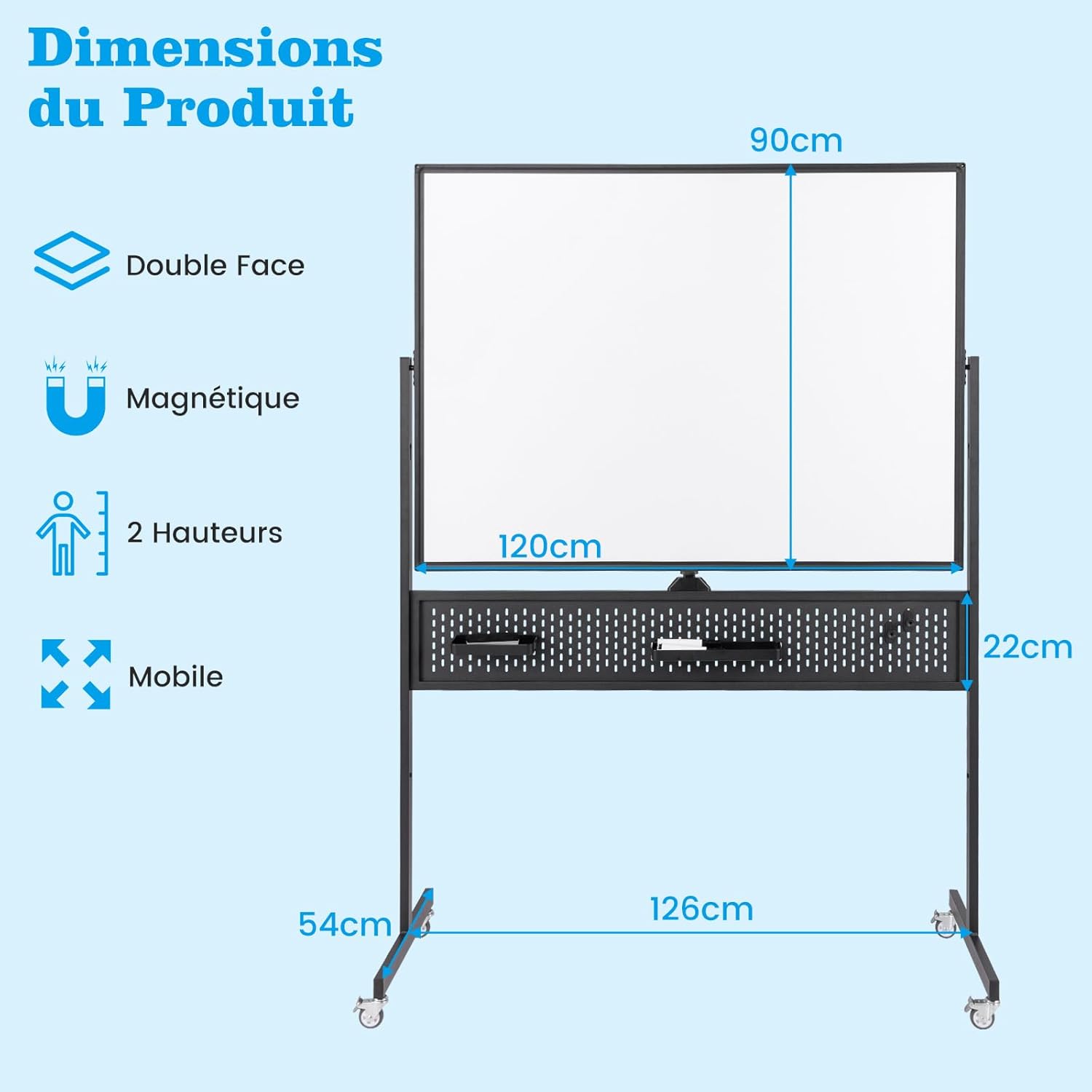 Tableau Blanc Effacable sur Pied 120 x 90 cm, Double Face, Tableau Blanc Roulette, 2 Hauteur Réglables, Cadre en Métal, Panneau Perforé(Noir) - 3