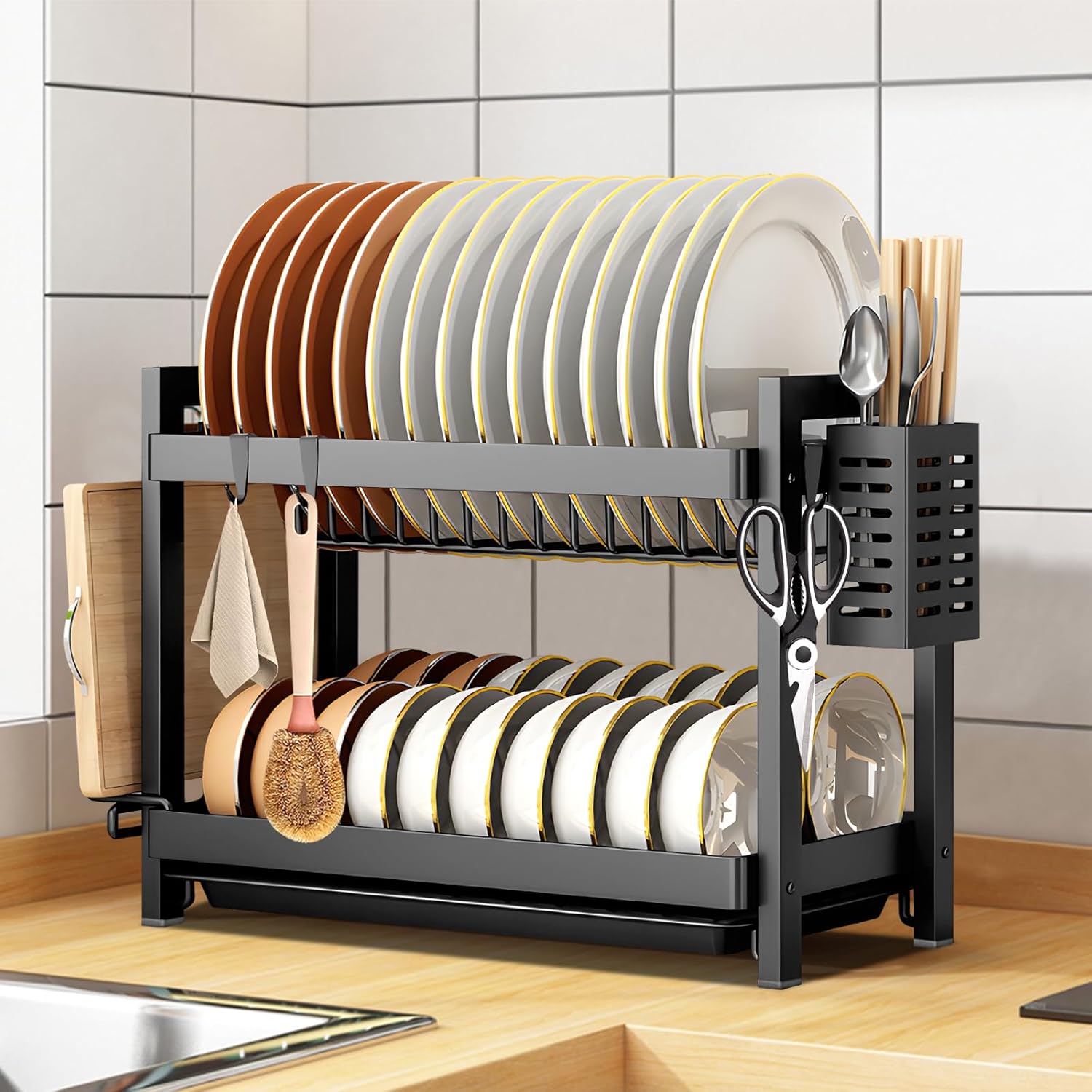Escorredor de pratos de aço inoxidável cinza de 2 níveis para bancadas de cozinha, vem com talheres, porta-copos e escorredor de louça - 7