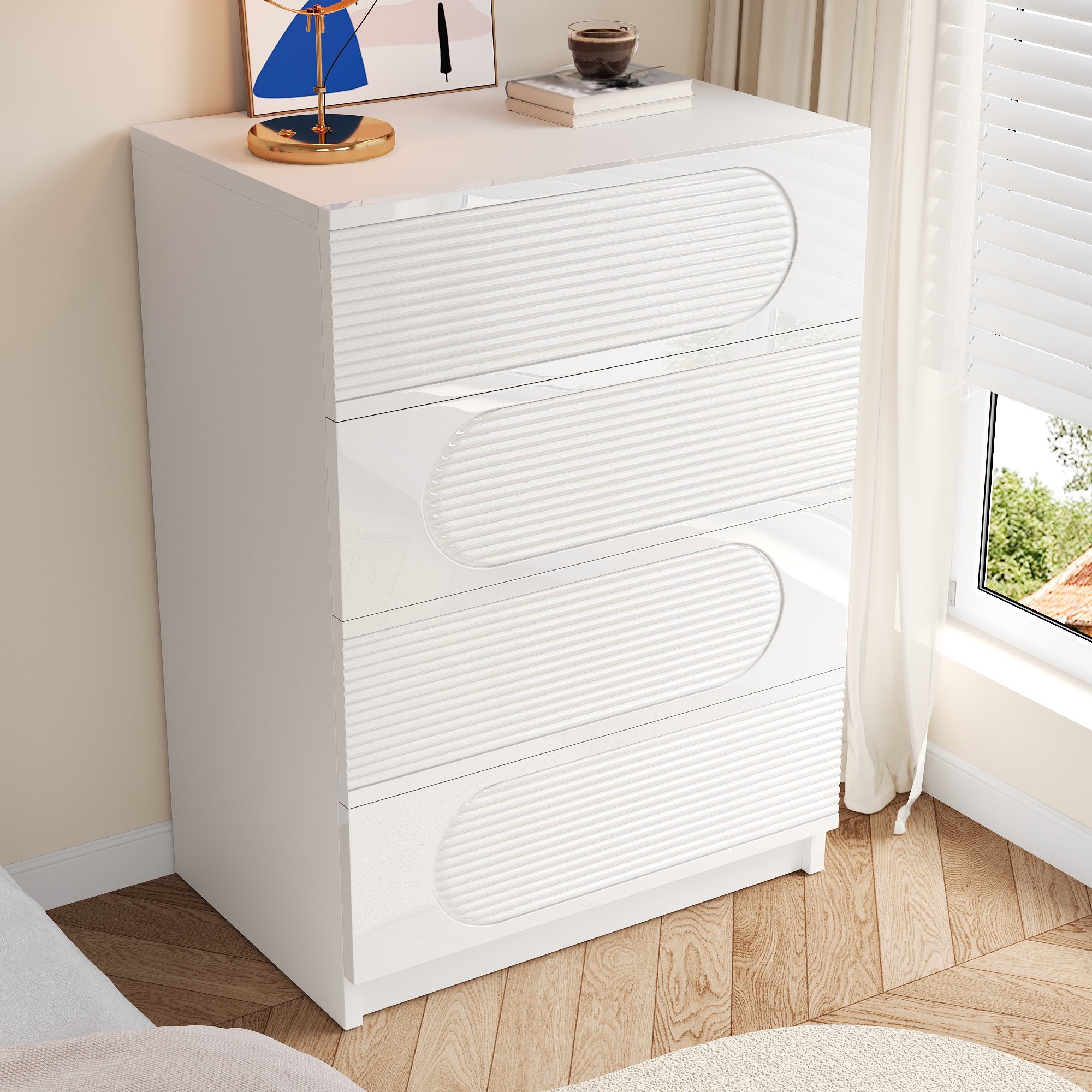 Nowoczesna komoda 60 x 38,5 x 85 cm - regał z 4 szufladami - wykończenie na wysoki połysk - płyta MDF + płyta wiórowa - biały - 9