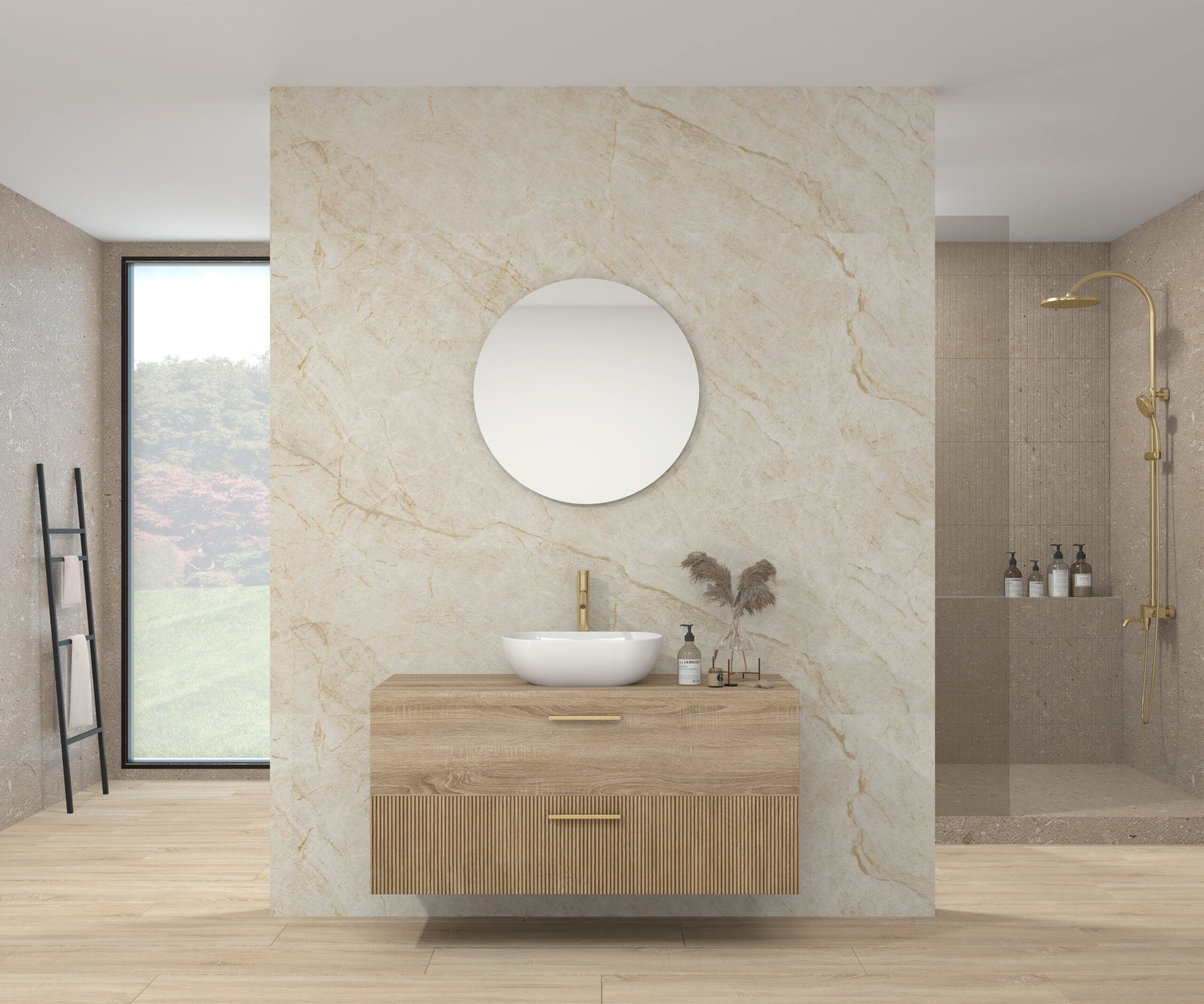 Avantarea pack mueble de baño con lavabo y espejo circular chamelet 120 cm bardolino - alcatraz